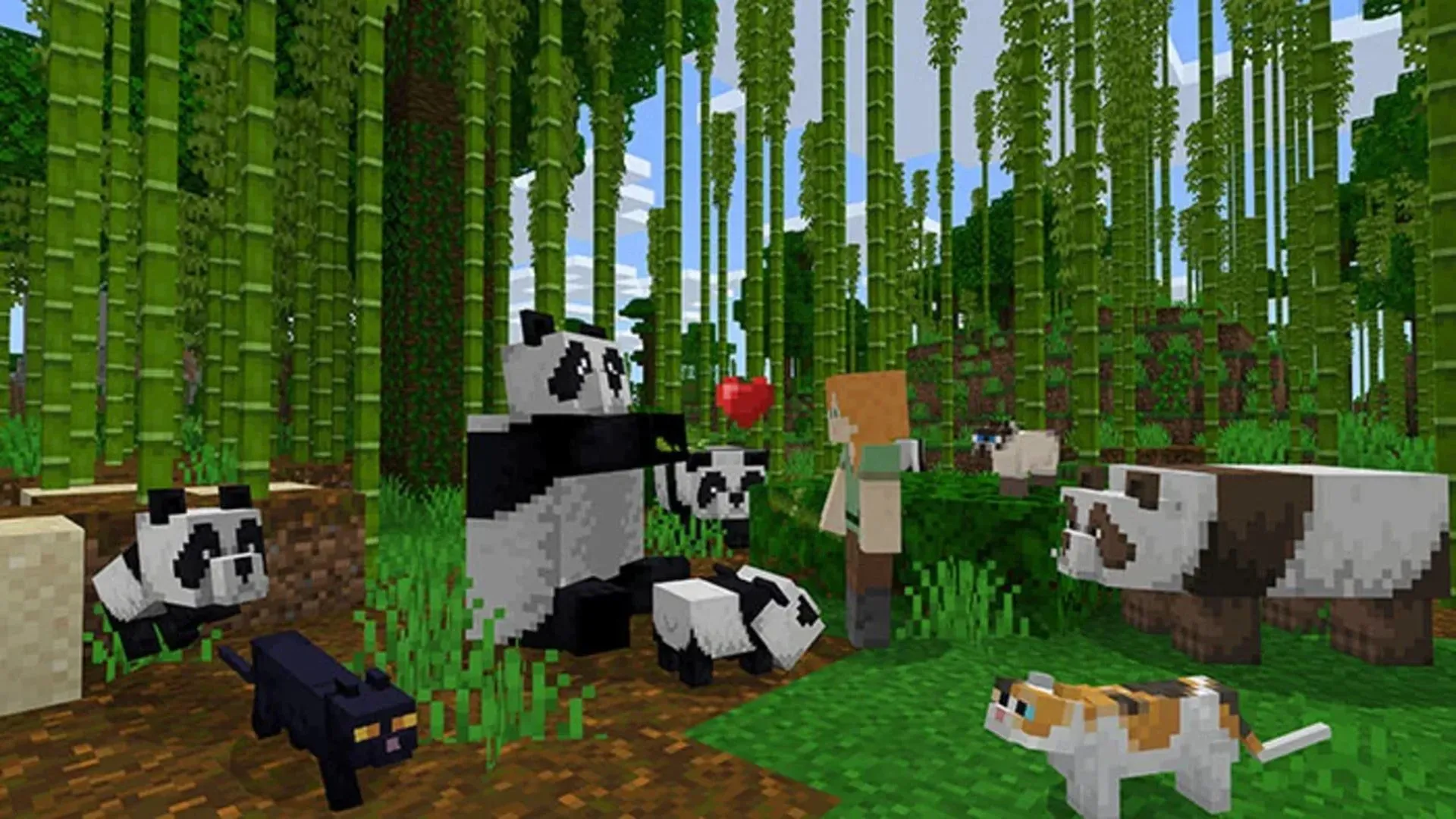 Cảnh chơi game Minecraft với các khối hình và nhân vật đang tương tác với gấu trúc trên Nintendo Switch 2