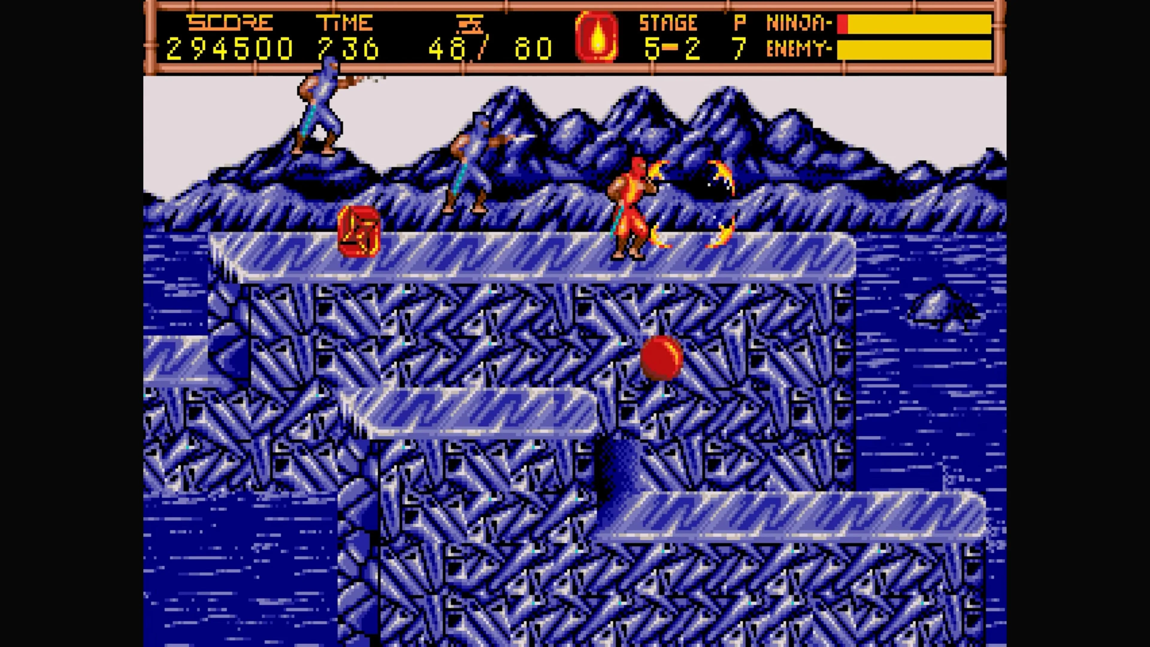 Cảnh chơi game Ninja Gaiden 2 ở màn băng tuyết, Ryu đang chiến đấu với quái vật.