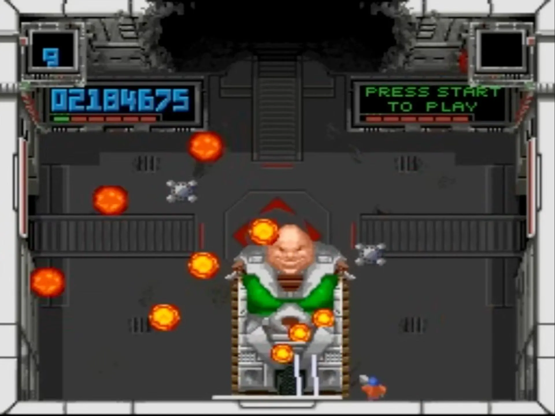 Cảnh chơi game Super Smash TV, tựa game bắn súng top-down hành động nhanh trên SNES