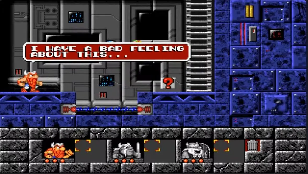 Cảnh chơi The Lost Vikings trên MS-DOS, ba nhân vật Viking đang hợp tác giải đố