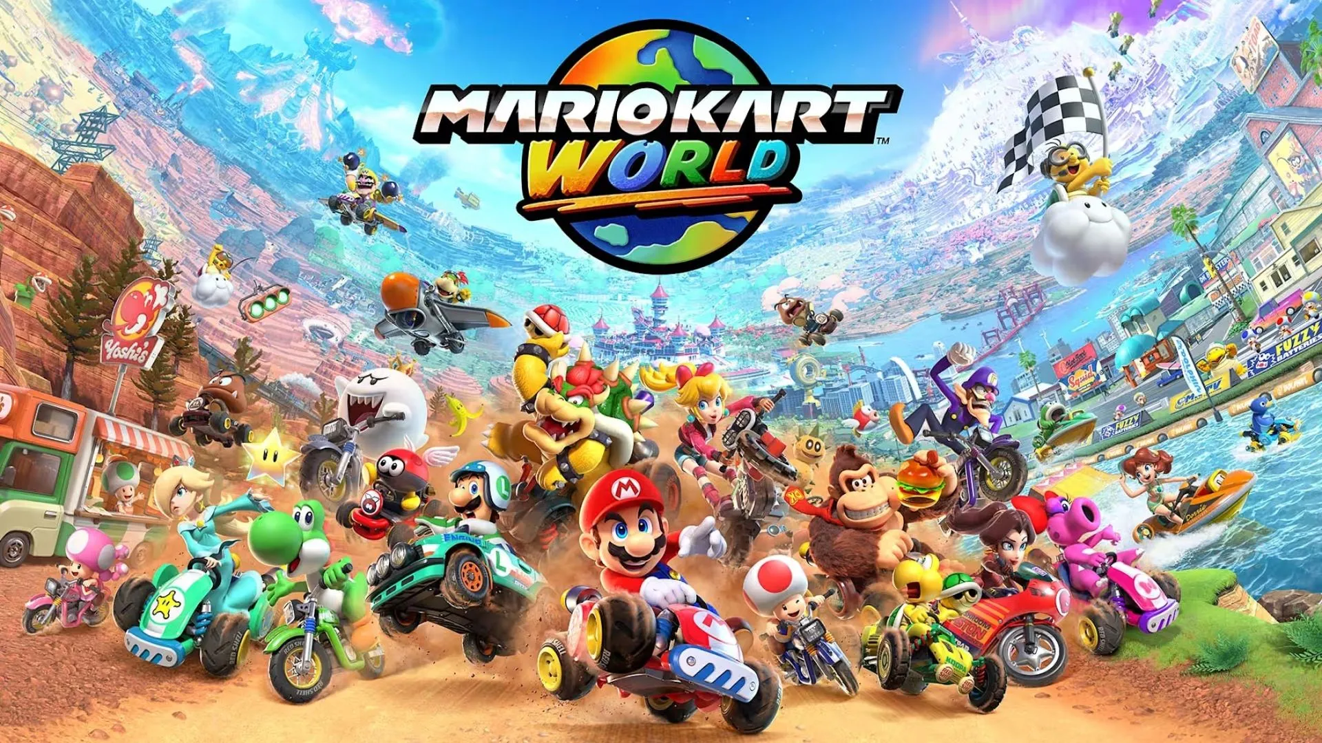 Cảnh đua trong Mario Kart World với nhân vật đang bay lượn trên không trung qua các vòng.