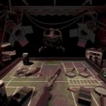 Cảnh game kinh dị Buckshot Roulette với nhân vật đeo mặt nạ và shotgun trên bàn, minh họa cho game indie nổi bật.