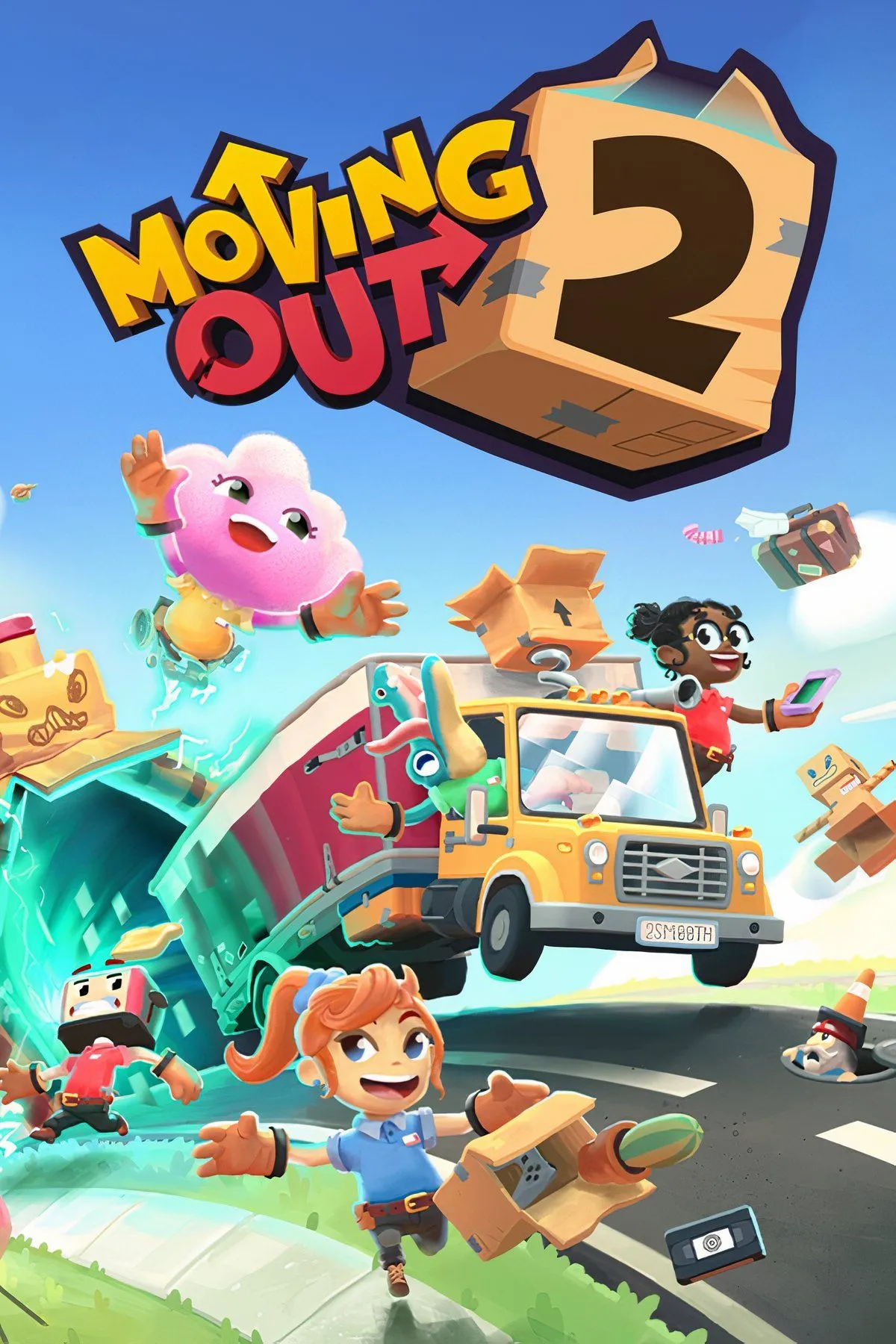 Cảnh game Moving Out 2 với các nhân vật hoạt hình đang ném đồ đạc ra khỏi cửa sổ một cách hài hước.