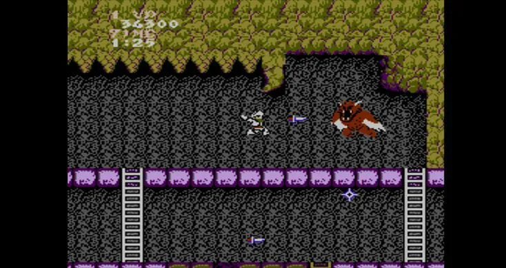 Cảnh gameplay đầy thử thách của Ghosts 'n Goblins với Sir Arthur nhảy qua chướng ngại.