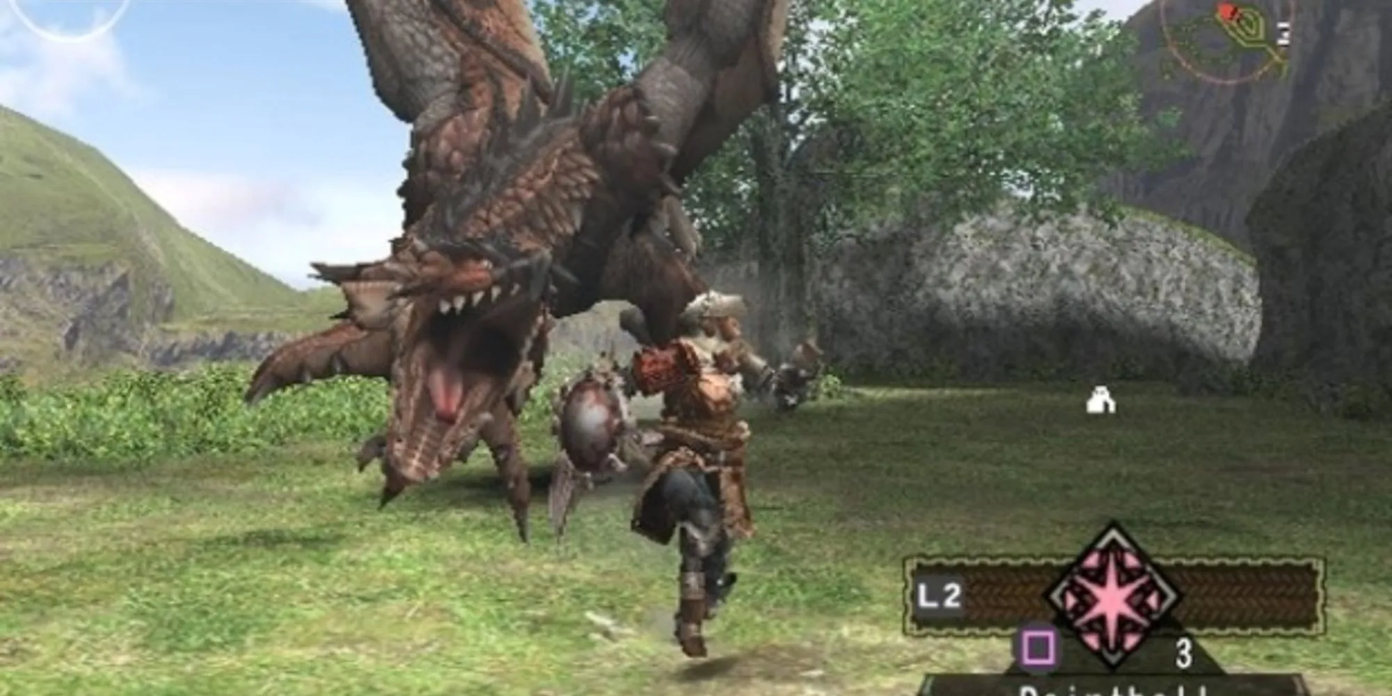 Cảnh gameplay trong Monster Hunter đầu tiên, người thợ săn đang đối đầu với một quái vật lớn, thể hiện yếu tố hành động RPG đặc trưng