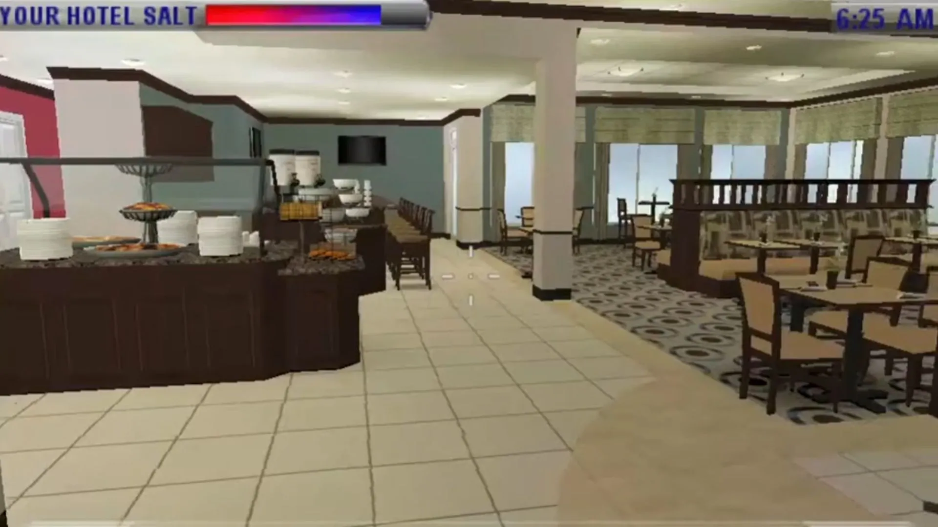 Cảnh gameplay từ The Hilton Family trên PSP, hiển thị nhân vật đang tương tác trong môi trường sảnh khách sạn với giao diện nhiệm vụ