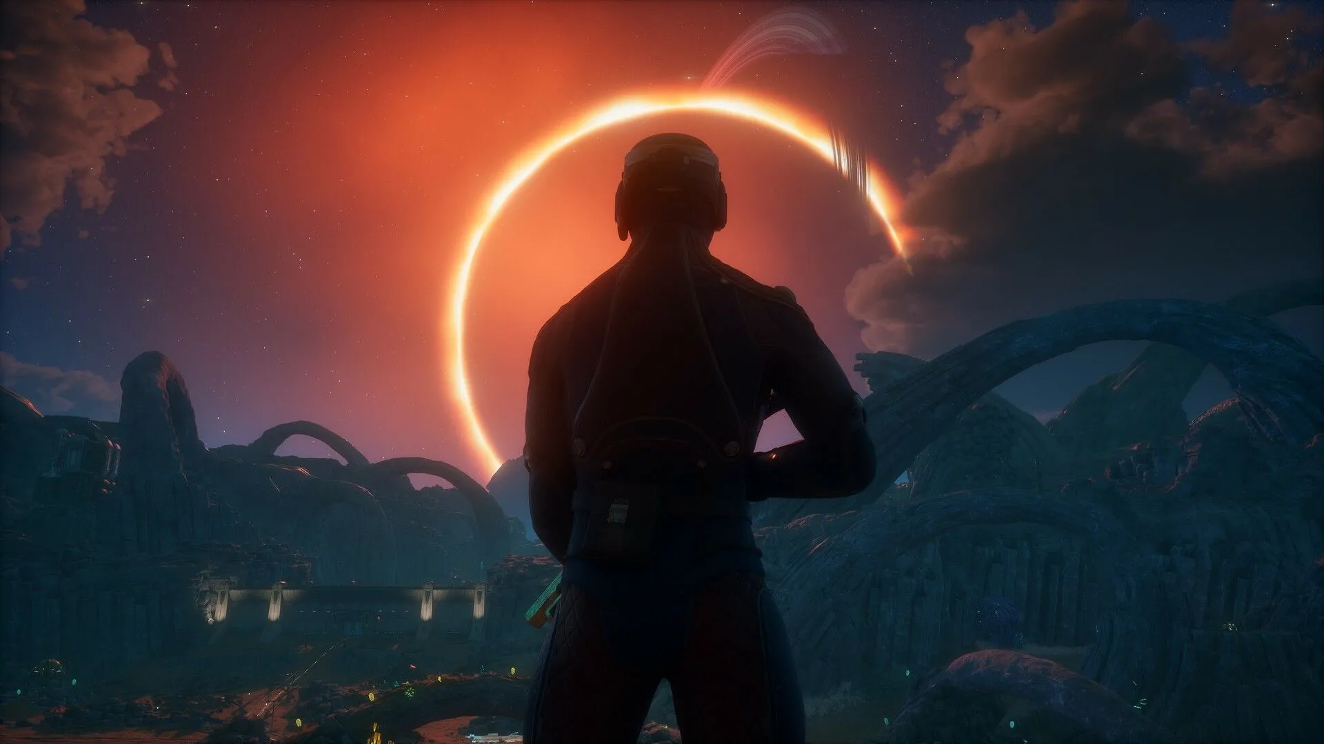 Cảnh hành động trong The Outer Worlds 2, nhân vật sử dụng súng tương lai