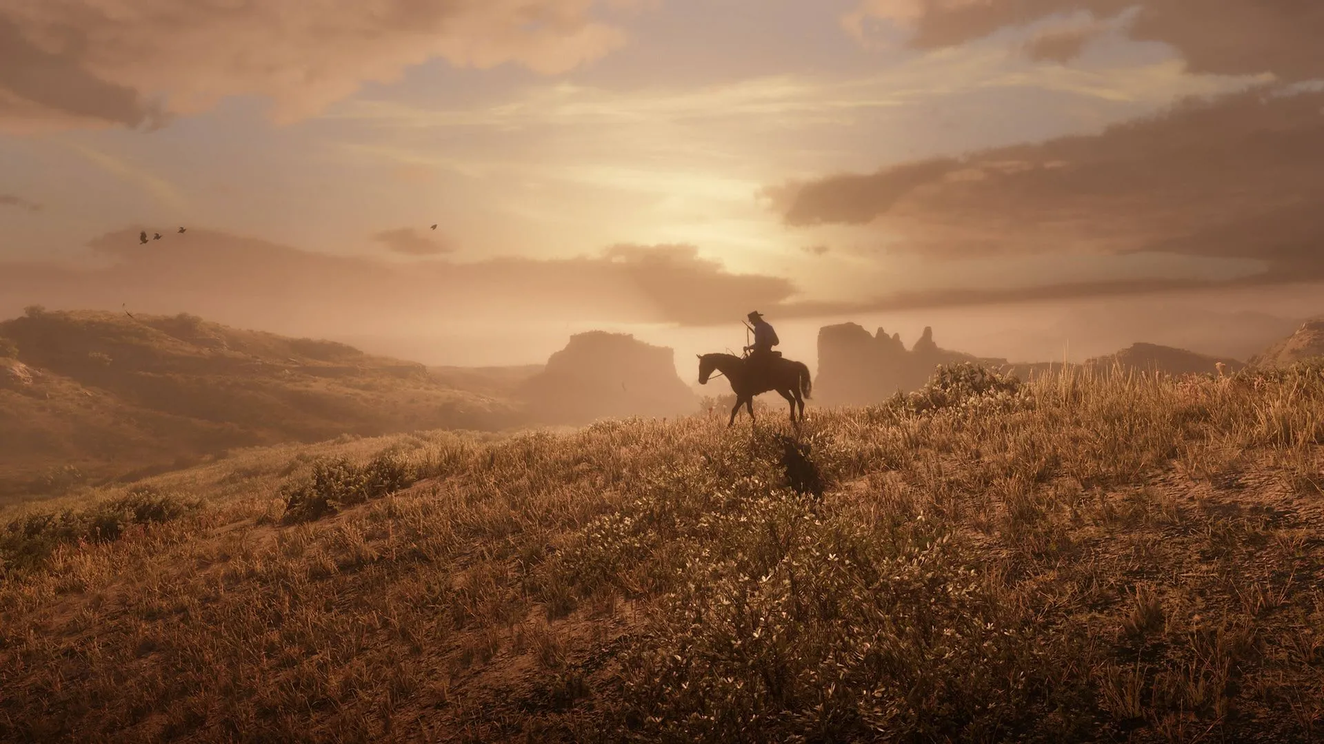 Cảnh hoàng hôn tuyệt đẹp trong Red Dead Redemption 2, biểu tượng của game AAA chất lượng cao.