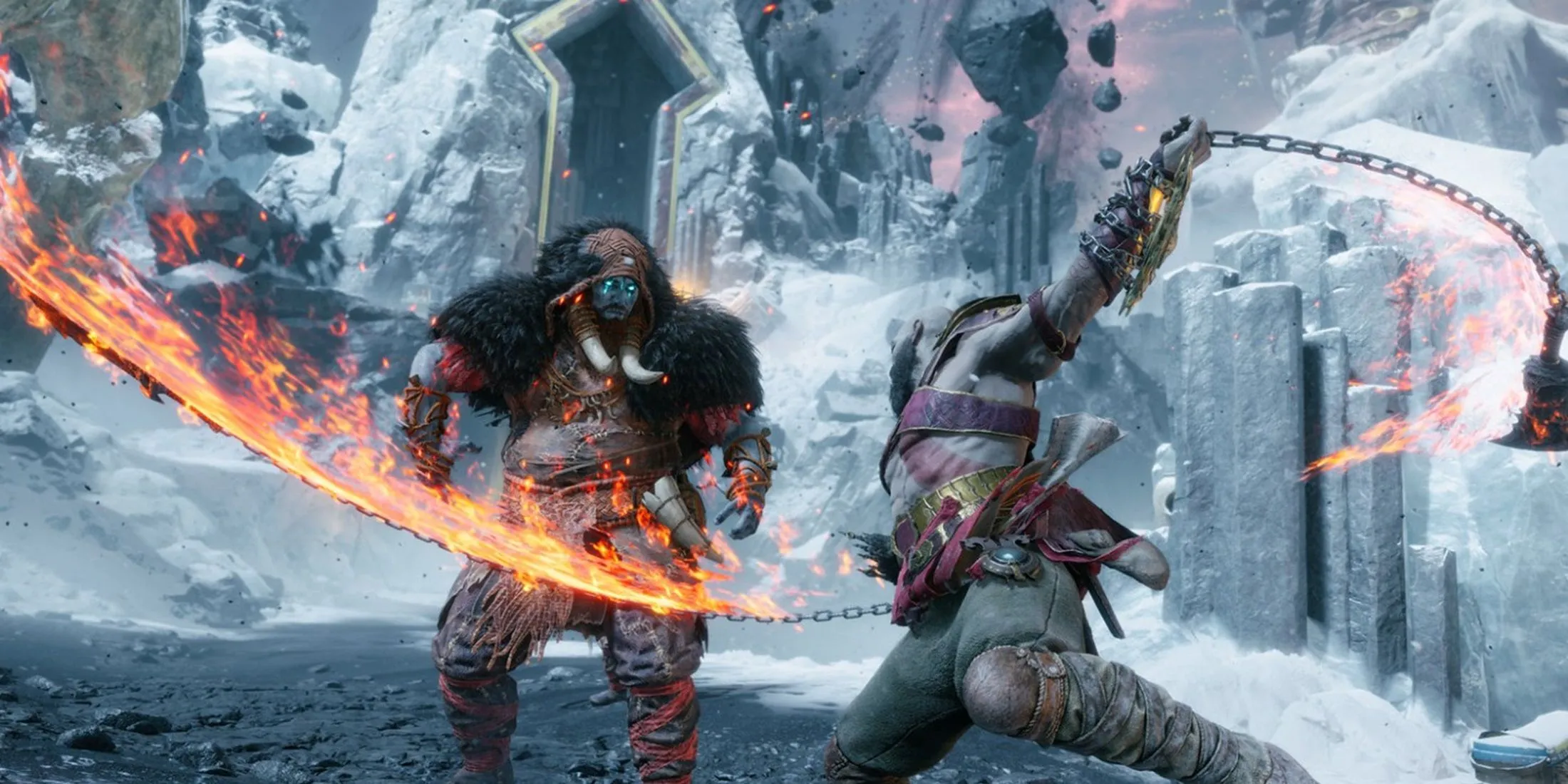 Cảnh Kratos chiến đấu ác liệt với Blades of Chaos trong God of War Ragnarök