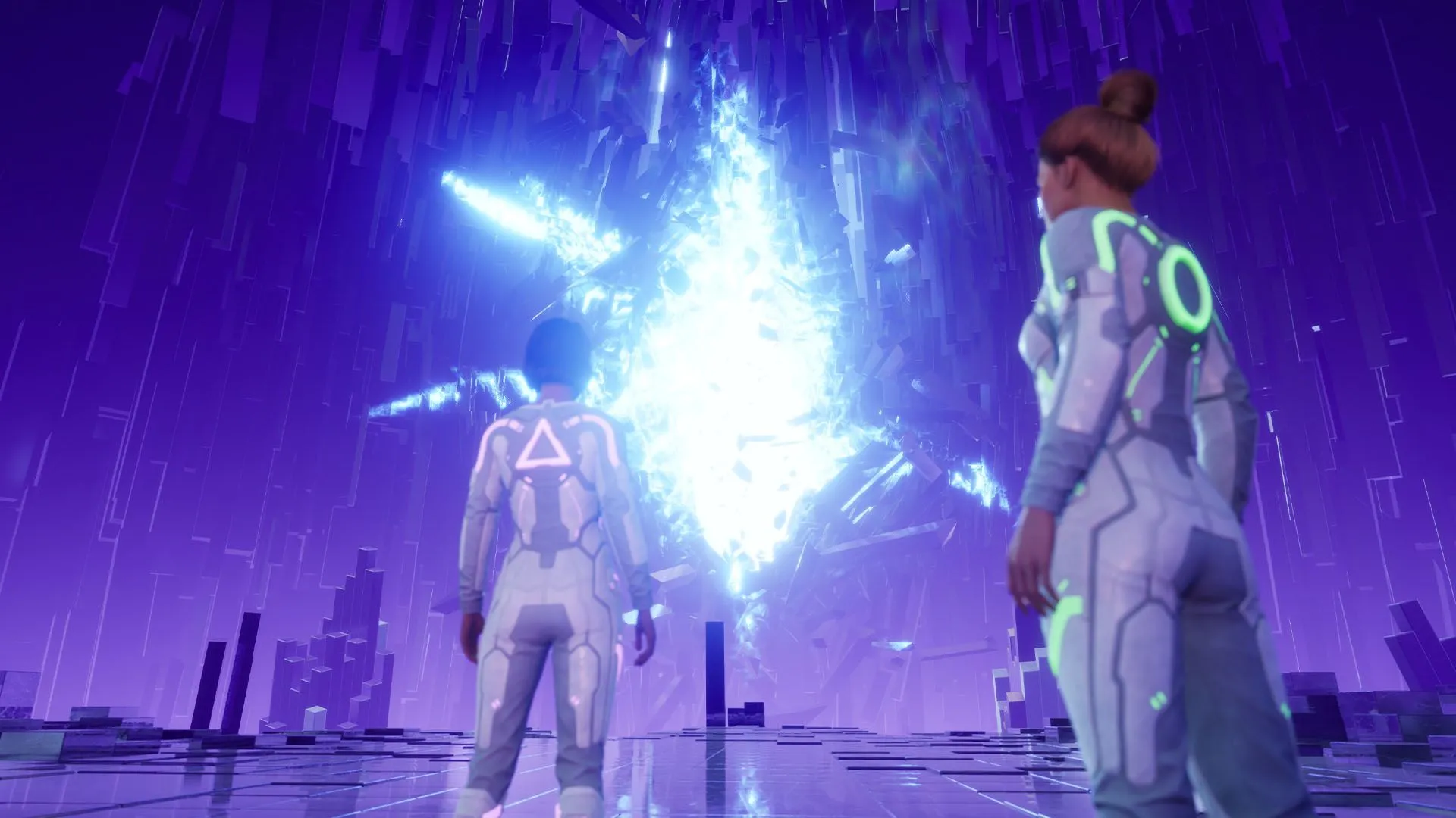 Cảnh Mio chạy trên tường và nhảy giữa các tòa nhà trong môi trường cyberpunk của Split Fiction
