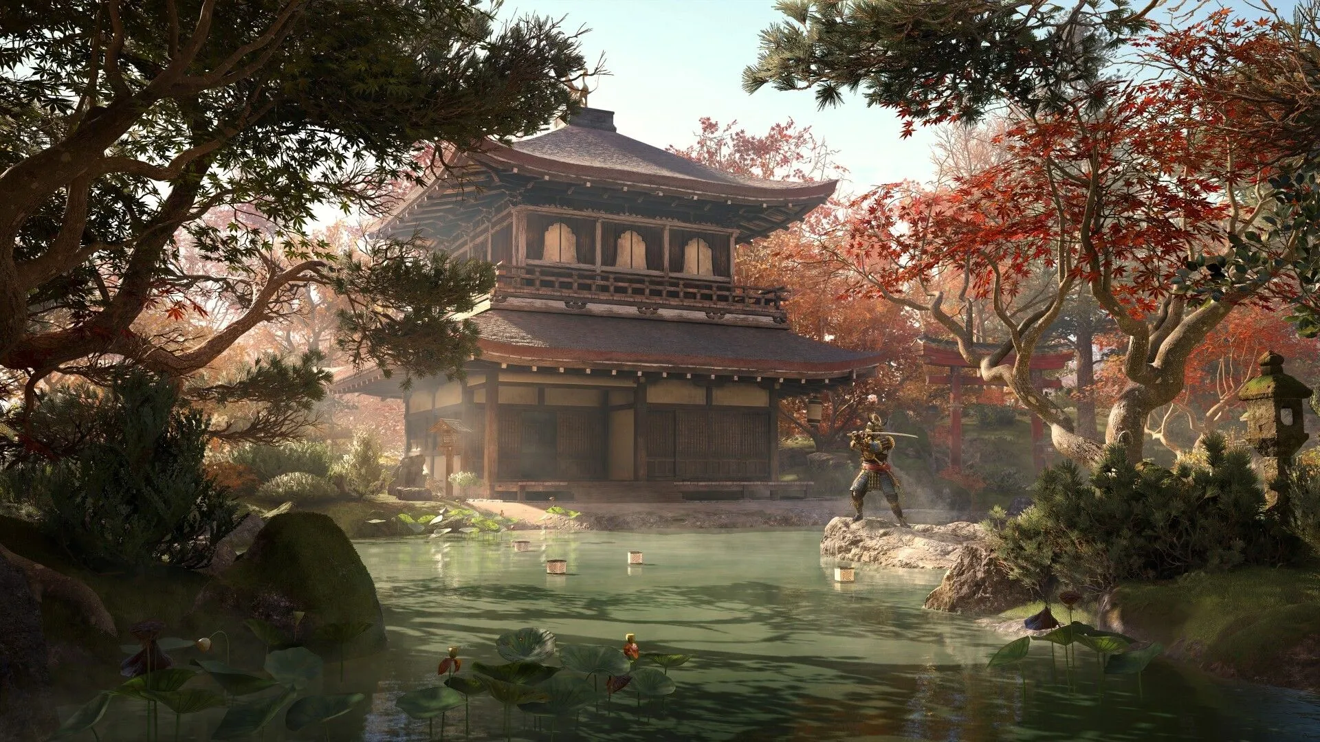 Cảnh nhân vật Naoe di chuyển trên mái nhà trong Assassin's Creed Shadows