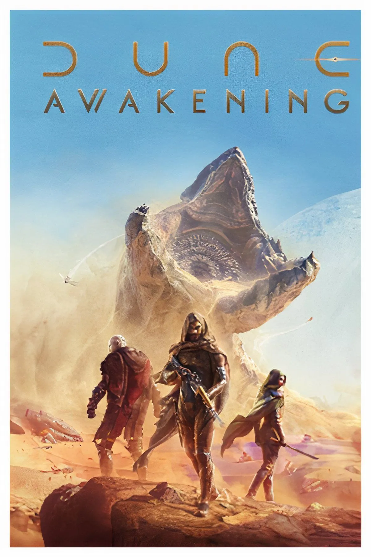 Cảnh quan rộng lớn, khô cằn của hành tinh Arrakis trong Dune Awakening với những cơn bão cát dữ dội.