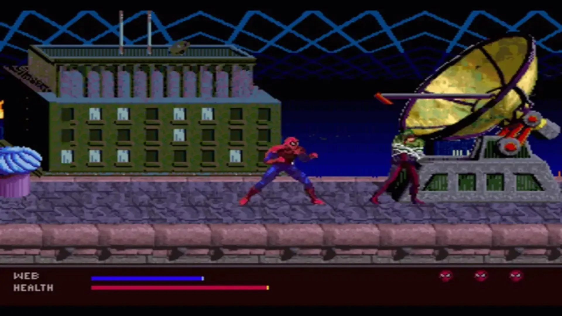 Cảnh Spider-Man chiến đấu với quân đoàn Hydra trong tựa game The Amazing Spider-Man: Web of Fire trên hệ máy Sega 32X
