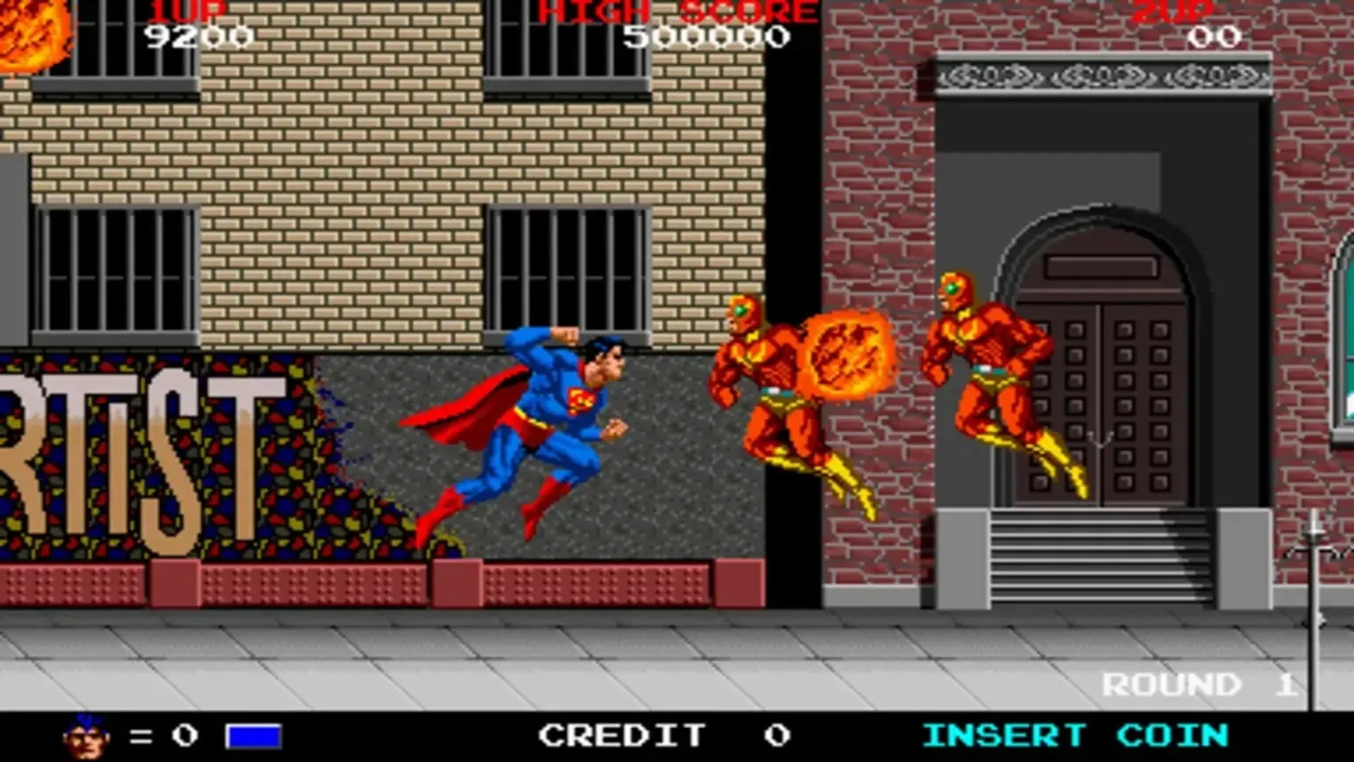 Cảnh Superman chiến đấu với kẻ thù trong tựa game arcade kinh điển Superman: The Video Game (1988).