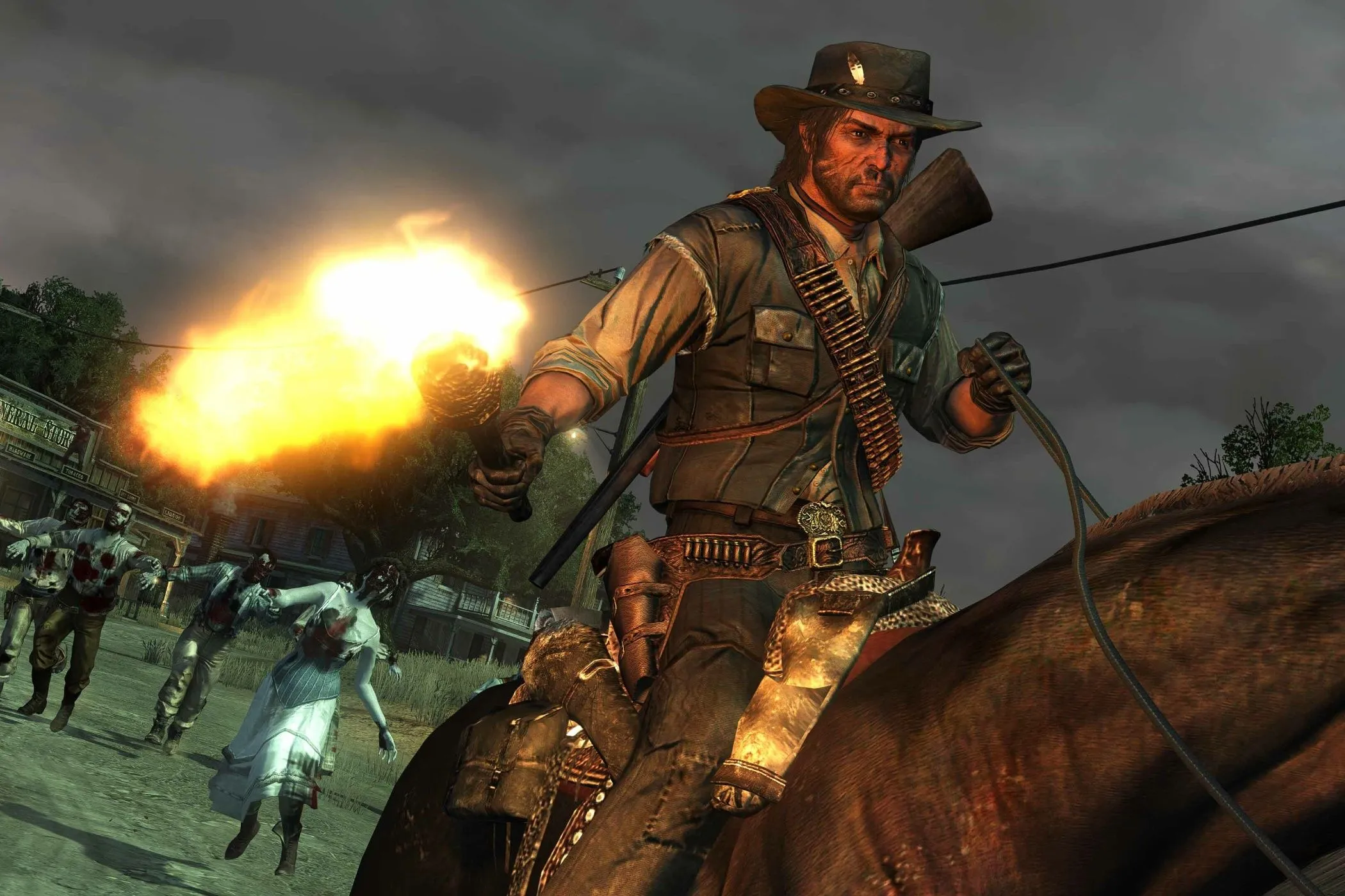 Cảnh tượng trong Red Dead Redemption Undead Nightmare: người cưỡi ngựa cầm đuốc giữa bầy zombie