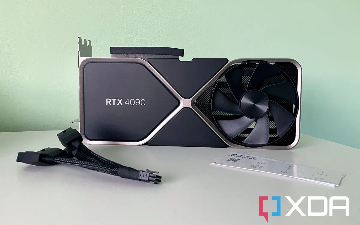 Card đồ họa NVIDIA RTX 4090 với các cáp kết nối, thể hiện thiết kế mạnh mẽ
