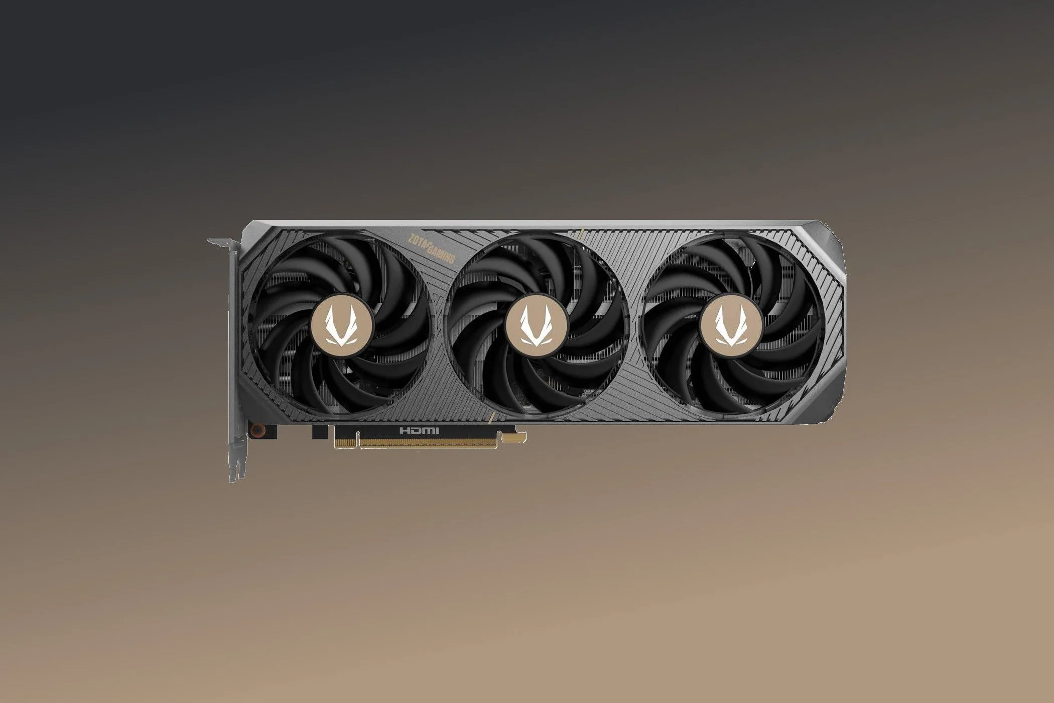 Card đồ họa Zotac Solid GeForce RTX 5070 với điểm nhấn màu đồng và đèn RGB