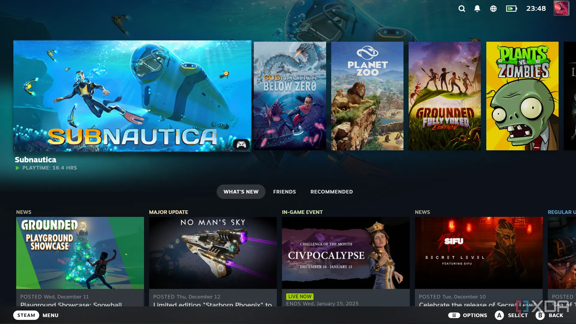 Chế độ Big Picture của Steam hiển thị giao diện chơi game thân thiện với tay cầm