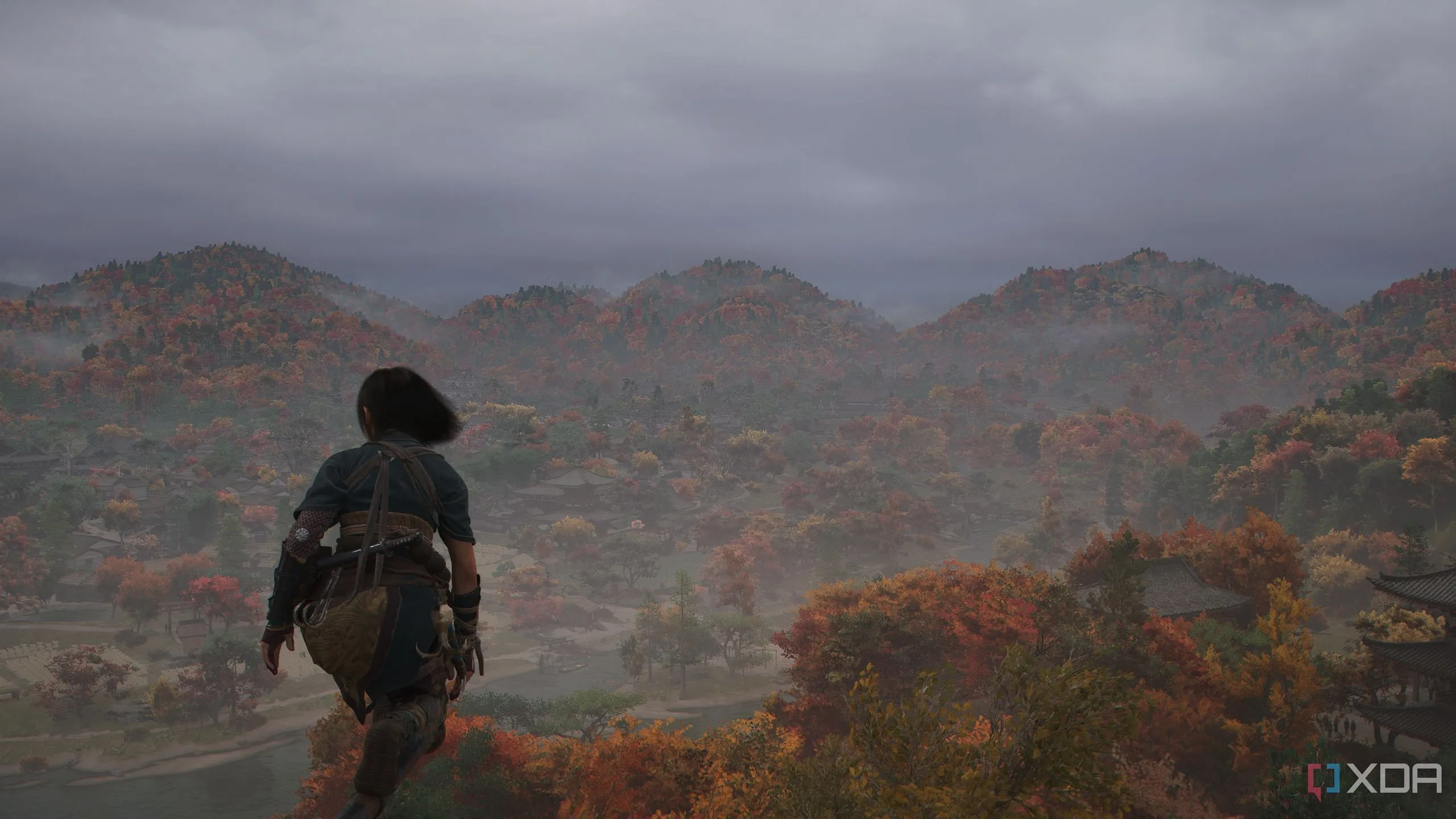 Chế độ Photo Mode ghi lại khoảnh khắc Naoe trên mái nhà trong Assassin's Creed Shadows