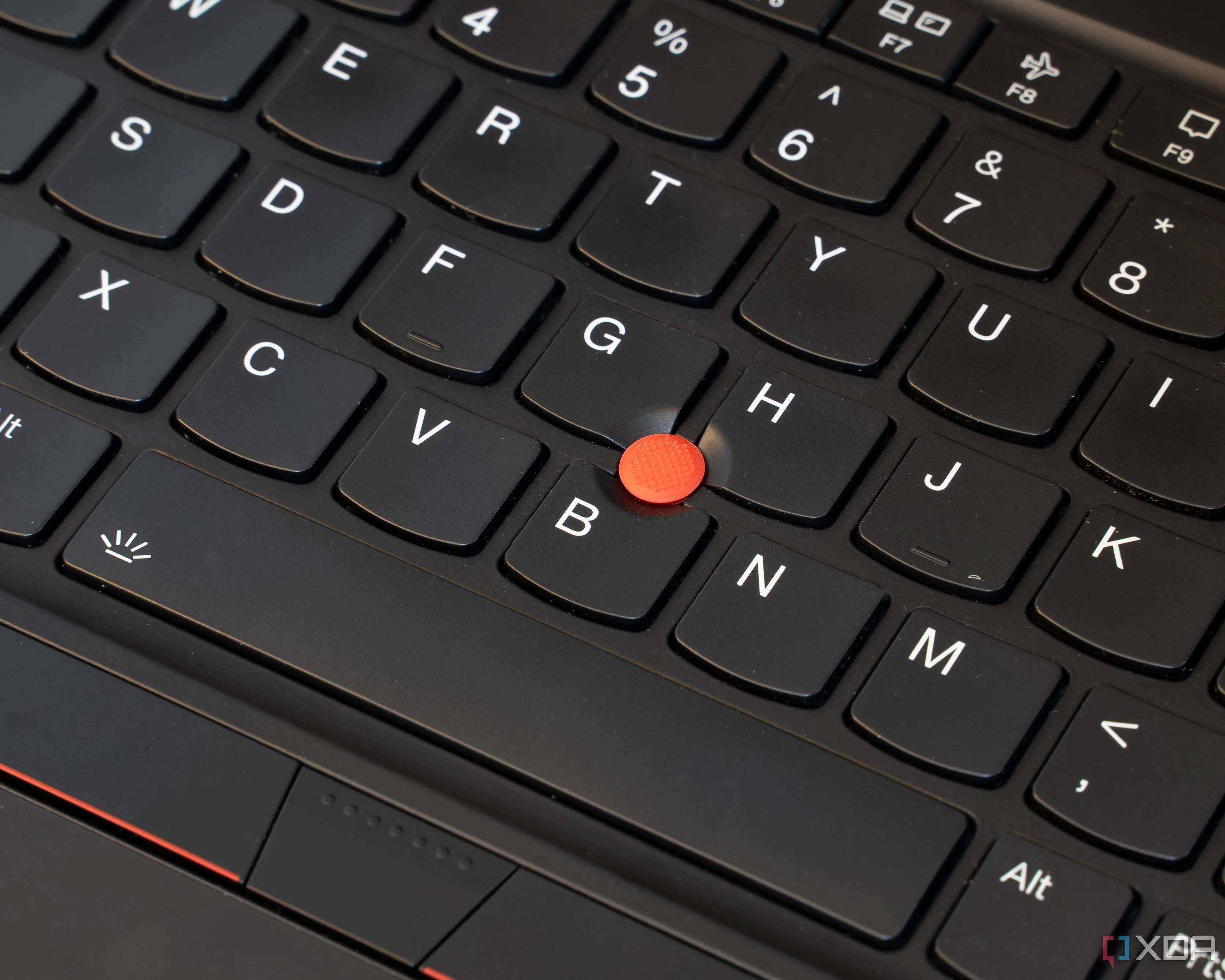 Chi tiết bàn phím và TrackPoint màu đỏ đặc trưng trên laptop ThinkPad, biểu tượng cho khả năng điều khiển chính xác.