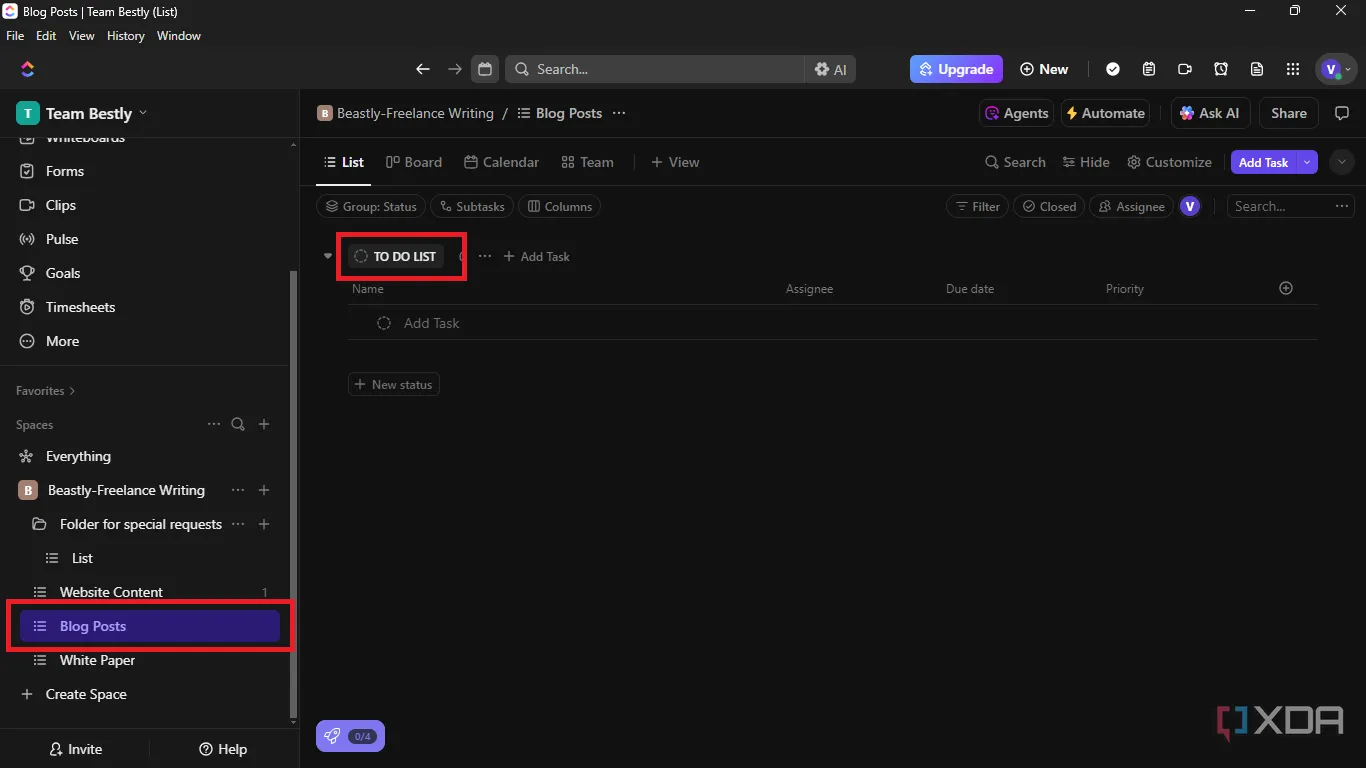 Chỉnh sửa tên hiển thị mặc định của danh sách từ 'Open' thành 'To Do List' trong ClickUp