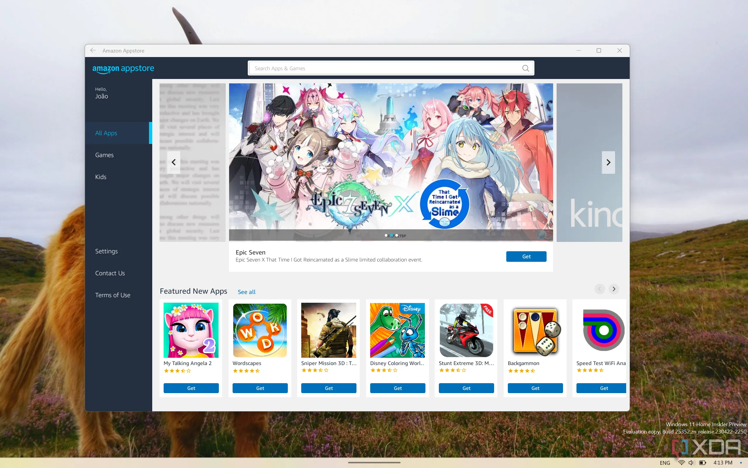 Chụp màn hình Amazon Appstore trên Windows 11 cho thấy hạn chế về kho ứng dụng Android