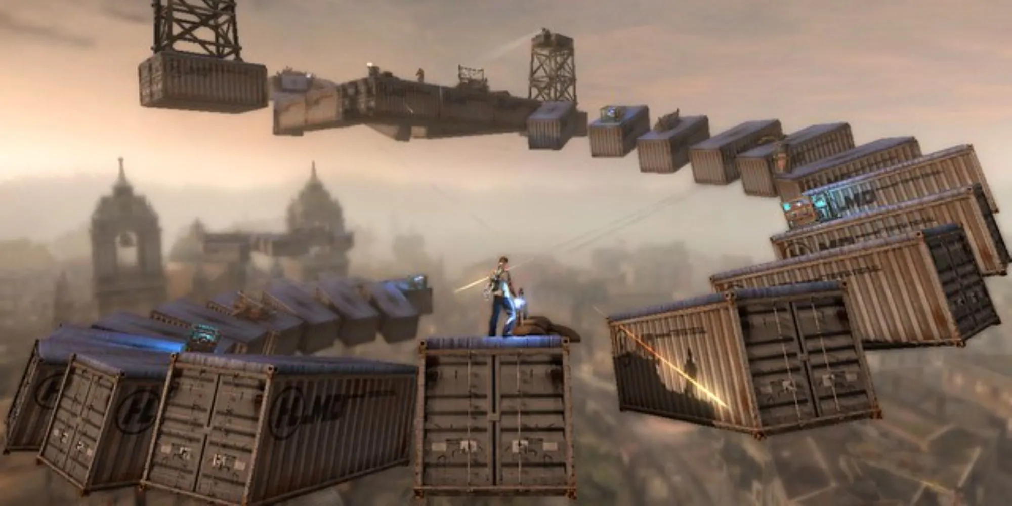 Cole MacGrath đứng trước cảnh quan thành phố Empire City đổ nát trong Infamous.