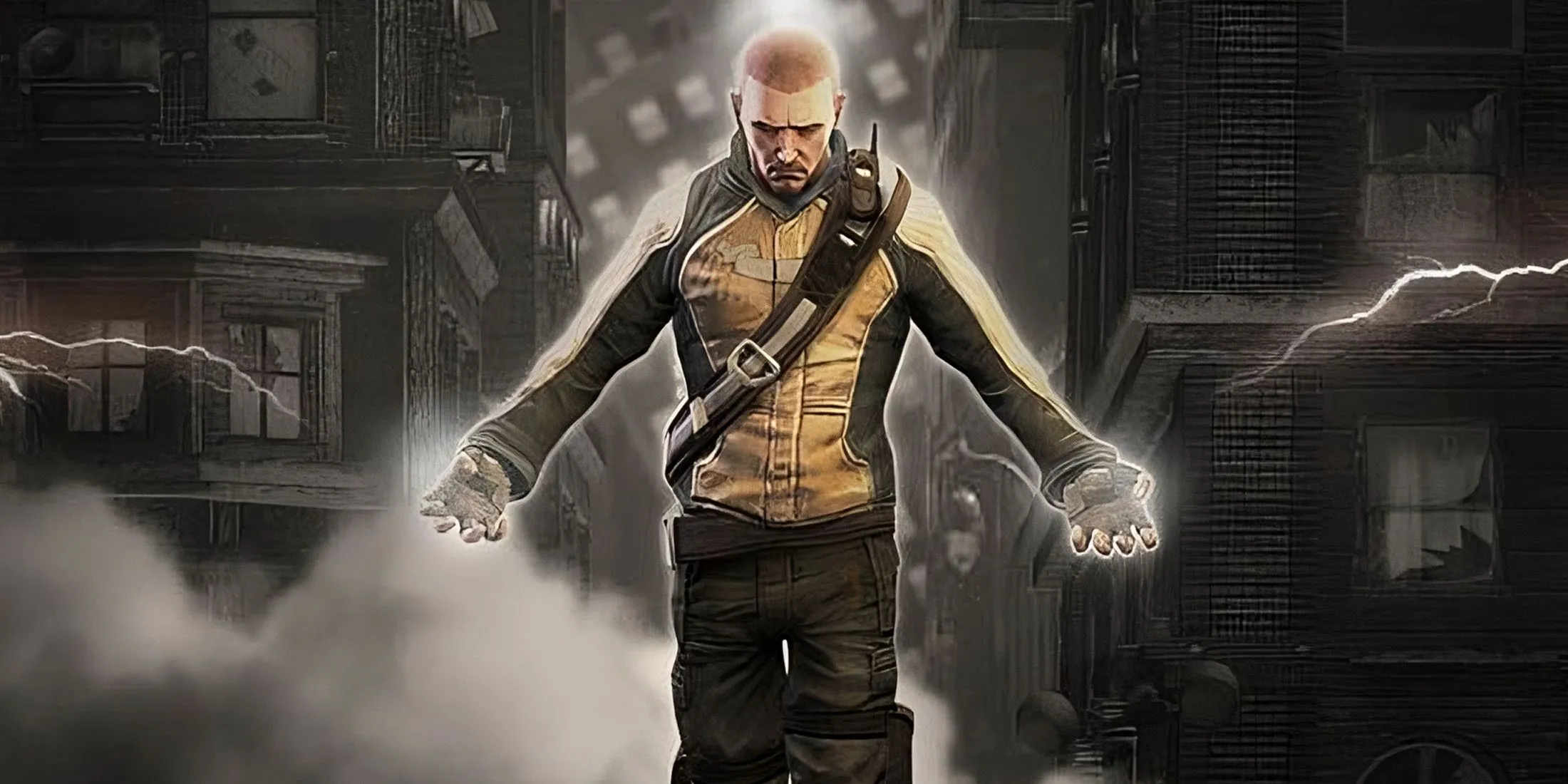 Cole McGrath trong inFAMOUS đang tích điện, cơ thể phát sáng với những tia sét, sẵn sàng cho trận chiến.