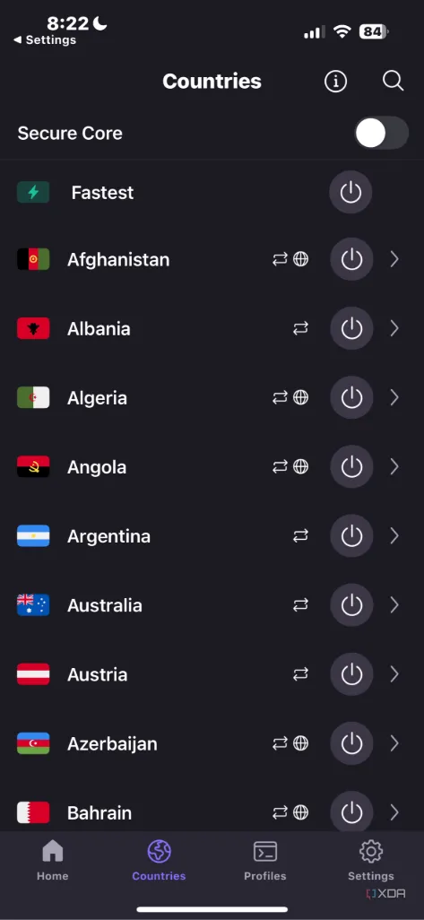 Danh sách các quốc gia máy chủ để kết nối trên ứng dụng di động Proton VPN