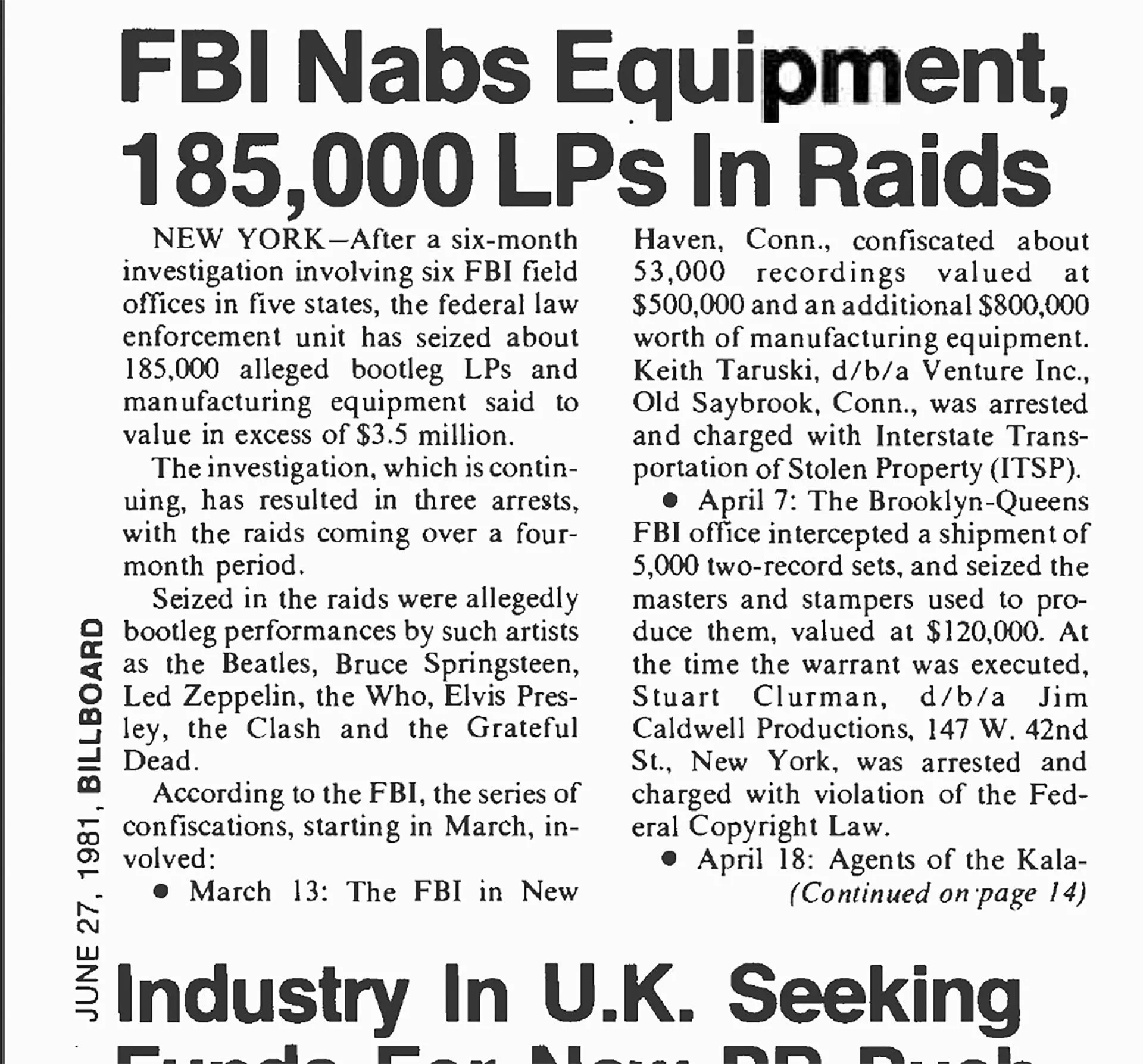 Đoạn cắt từ tạp chí Billboard (27/06/1981) đề cập cuộc đột kích của FBI vào hoạt động của Keith Taruski dưới tên Venture Inc.