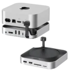 Dock Ugreen Mac Mini M4 màu xám đặt cạnh Mac Mini, cho thấy kích thước và thiết kế tương thích