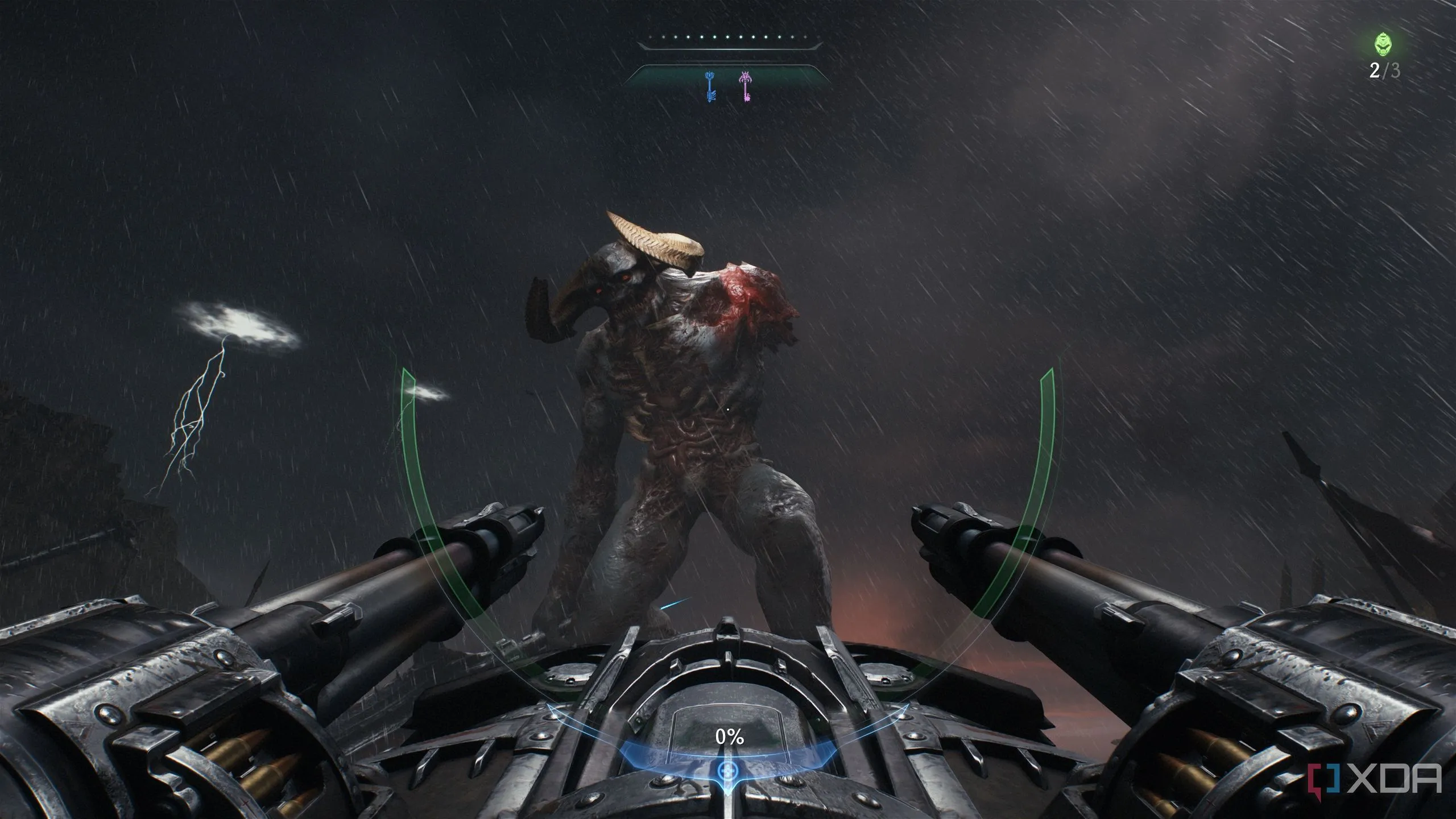 Doom Slayer điều khiển pháo cố định, xả đạn không ngừng vào một quỷ khổng lồ trong phân đoạn Turret của Doom: The Dark Ages.