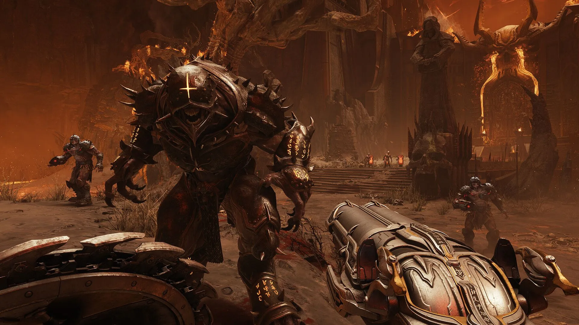 Doom Slayer sử dụng khiên cưa trong trận chiến khốc liệt trong Doom: The Dark Ages