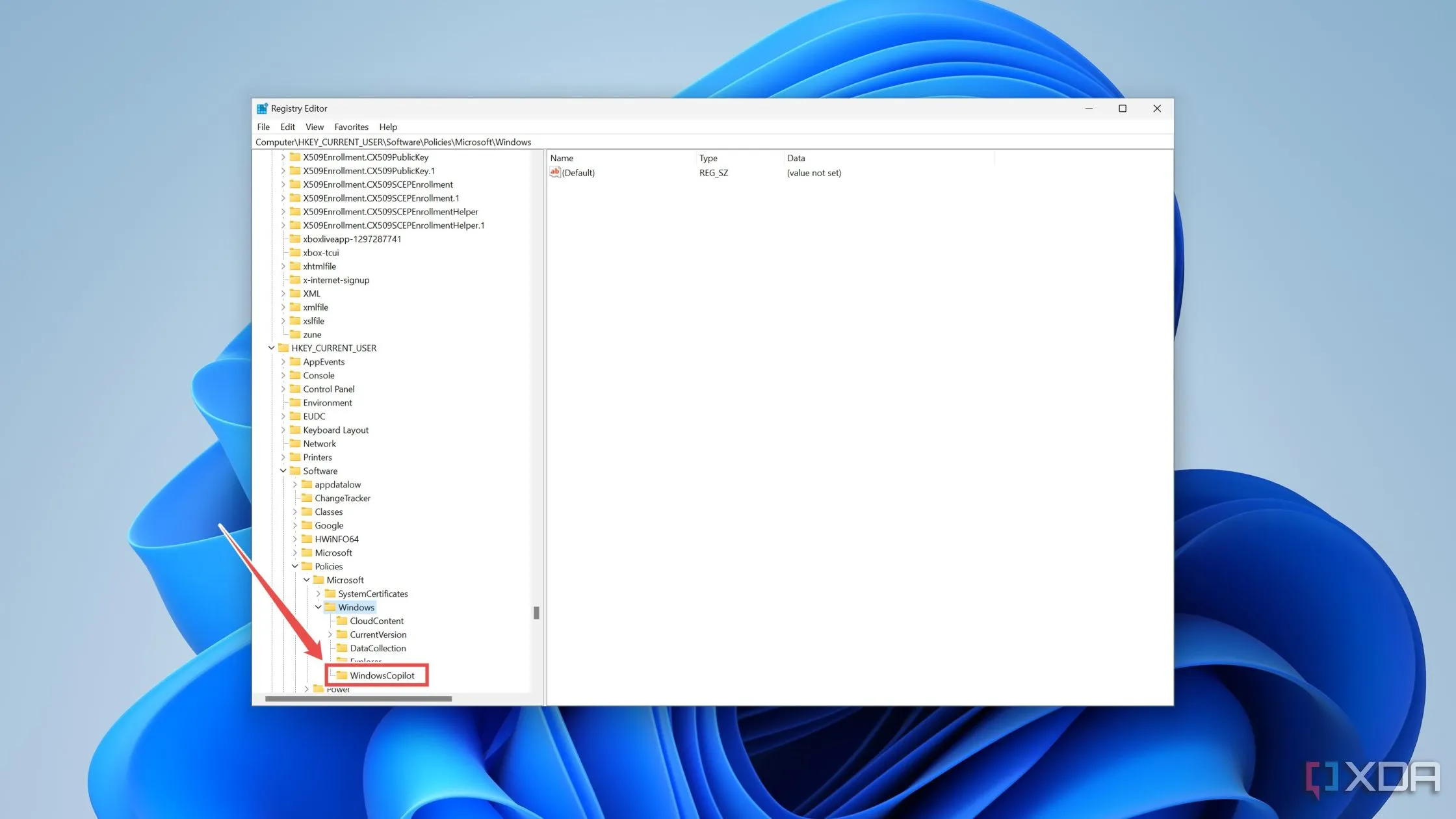 Đường dẫn thư mục Windows trong Registry Editor, chuẩn bị cho việc vô hiệu hóa tính năng Copilot trên Windows 11.