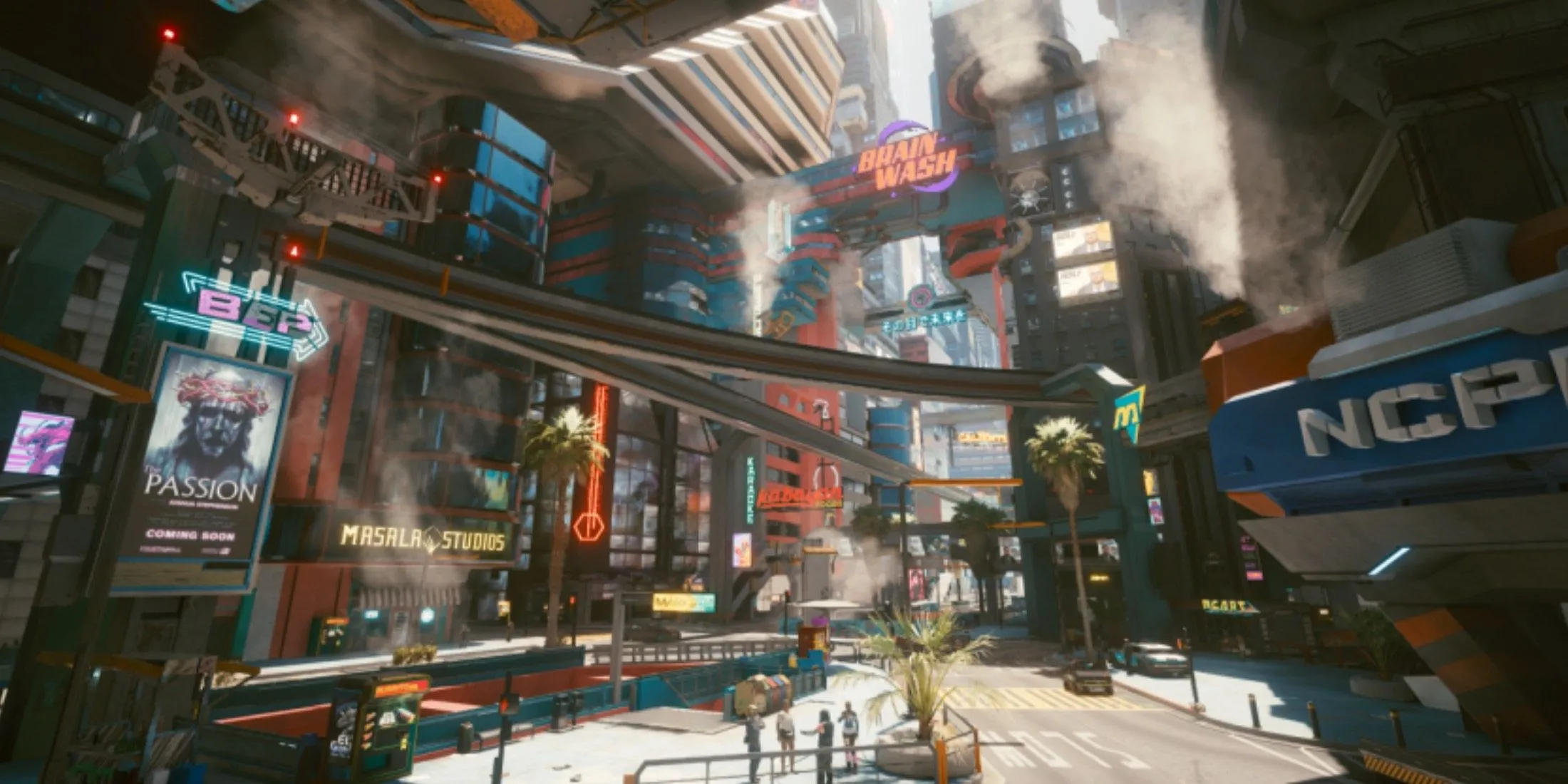 Đường phố sầm uất với ánh đèn neon trong Cyberpunk 2077, phác họa thế giới mở của trò chơi trên Nintendo Switch 2
