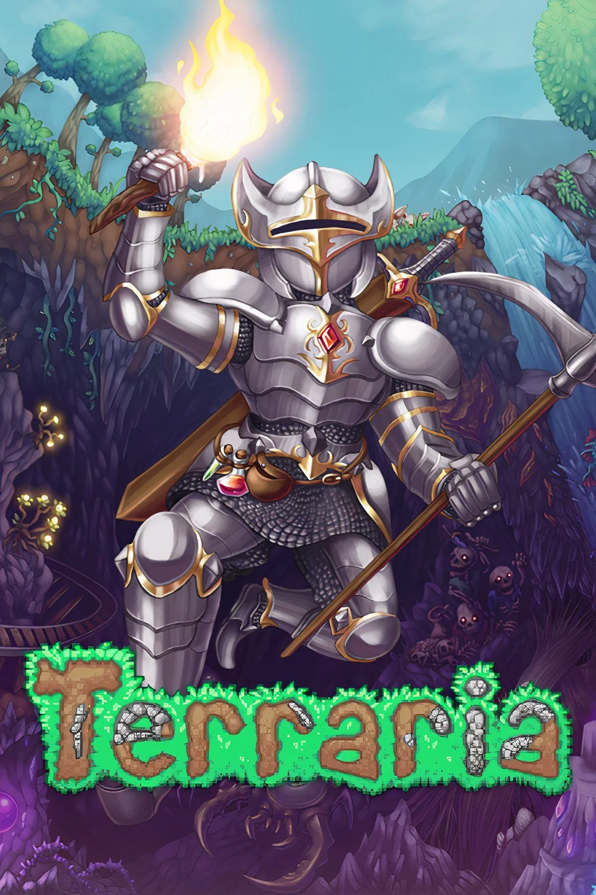 Gameplay Terraria với phong cách đồ họa 2D pixel, hiển thị các biome khác nhau