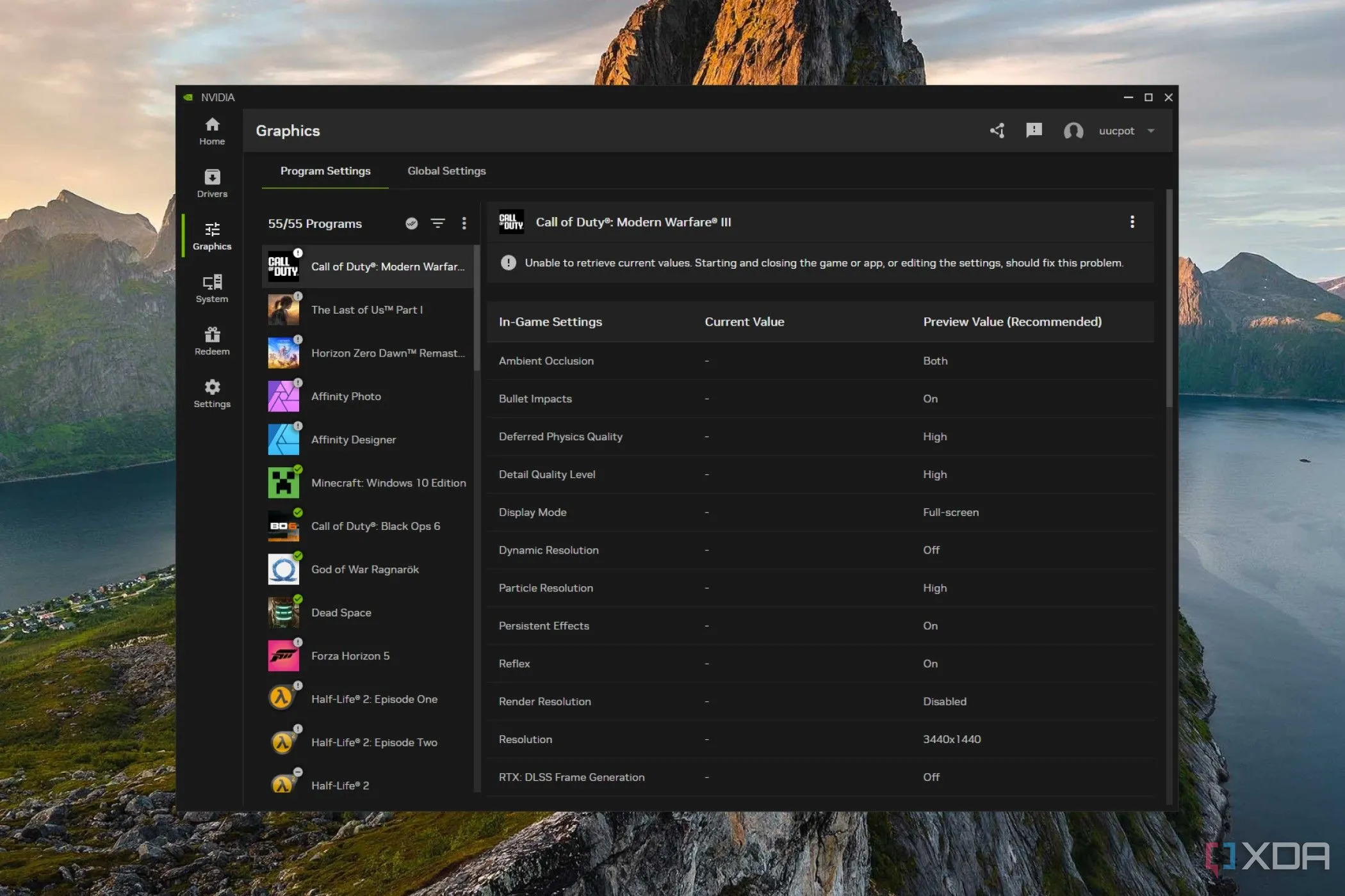 Giao diện cài đặt đồ họa chương trình trong ứng dụng Nvidia App.