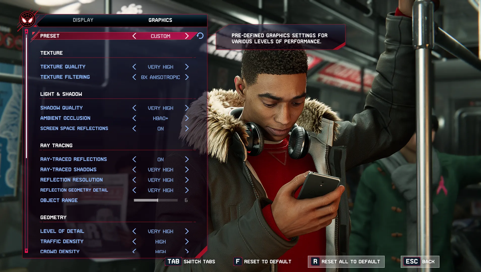 Giao diện cài đặt đồ họa trong game Spider-Man: Miles Morales