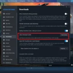 Giao diện cài đặt tải xuống của Steam với nút xóa bộ nhớ đệm được đánh dấu