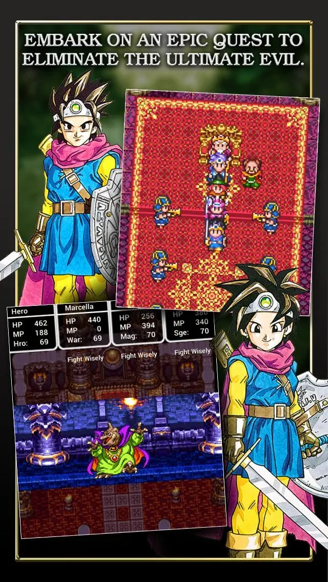Giao diện chiến đấu của Dragon Quest III: The Seeds of Salvation, hiển thị các lựa chọn hành động.