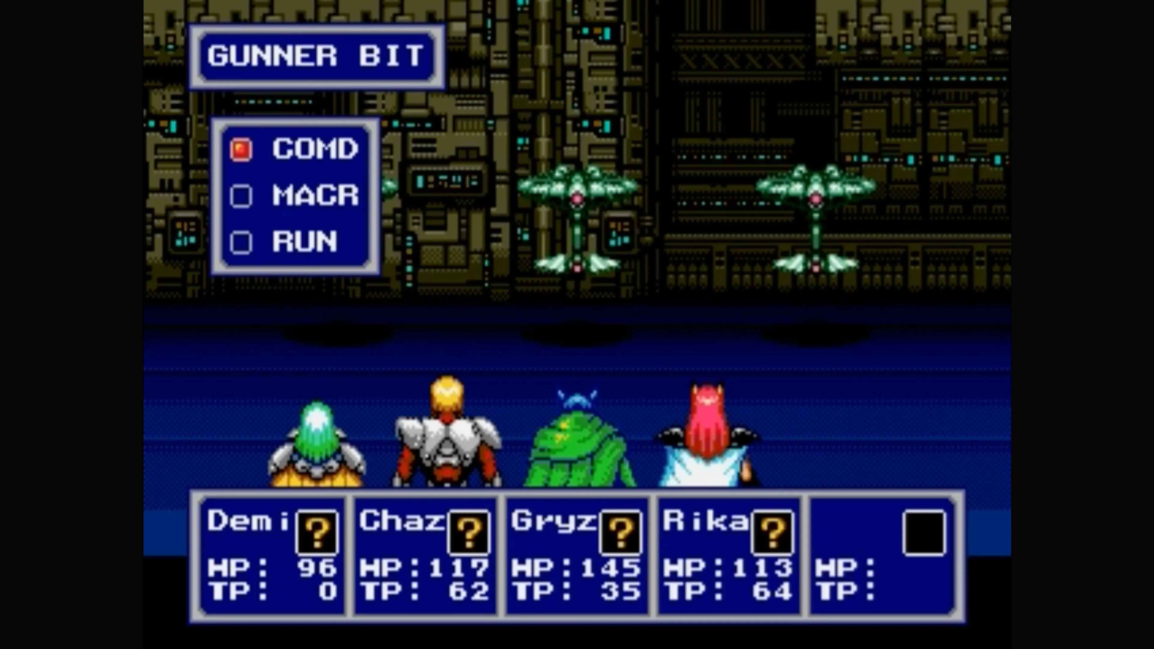 Giao diện chiến đấu theo lượt của Phantasy Star IV, với các lựa chọn kỹ năng và phép thuật.