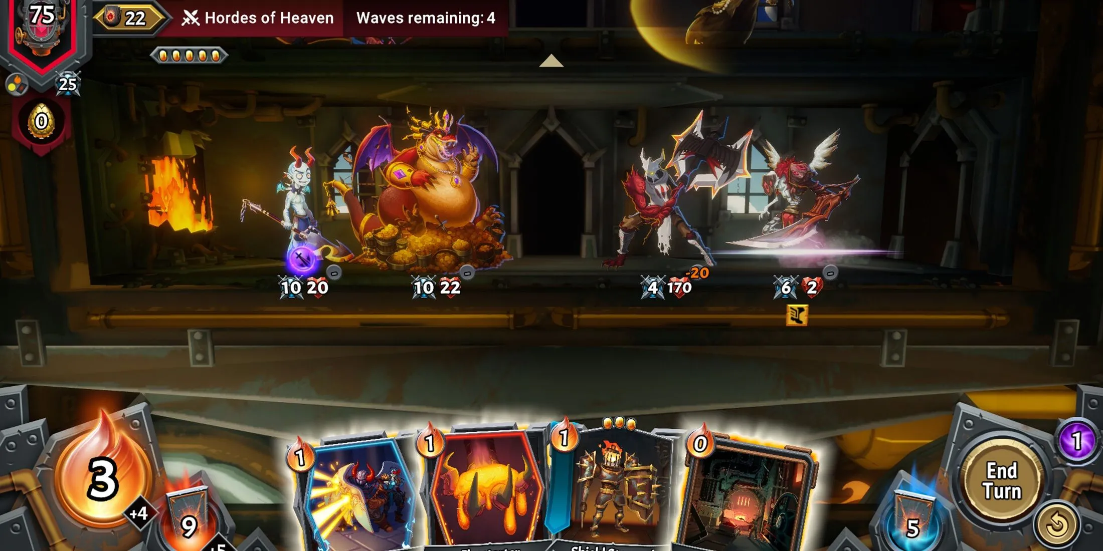 Giao diện chiến đấu trong game Monster Train 2 hiển thị các thẻ bài và quái vật trên nhiều tầng xe lửa