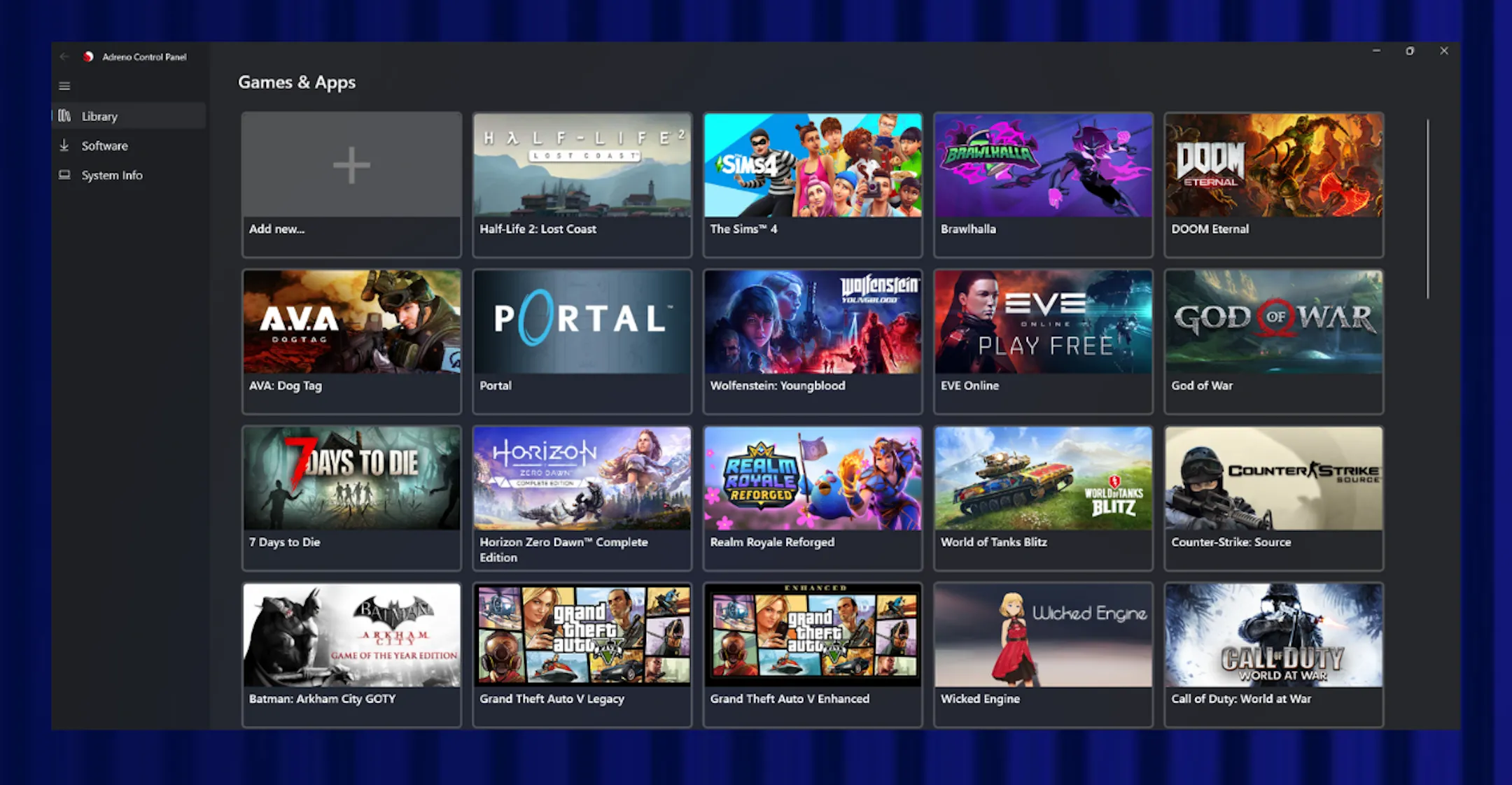 Giao diện chính của Adreno Control Panel hiển thị các tùy chọn tối ưu đồ họa cho game trên thiết bị Snapdragon X Elite.