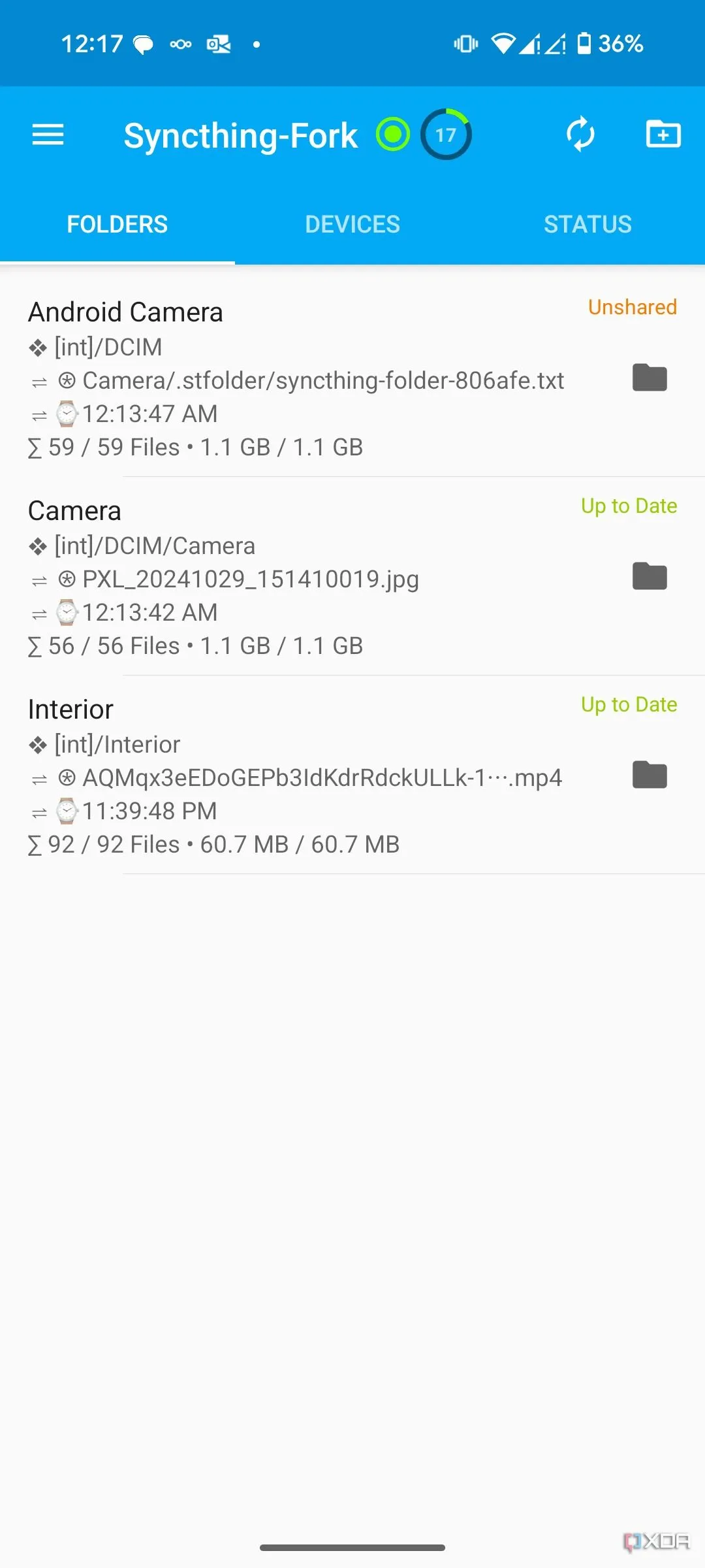 Giao diện chính của Syncthing trên thiết bị Android, thể hiện sự đơn giản nhưng cần thời gian làm quen ban đầu