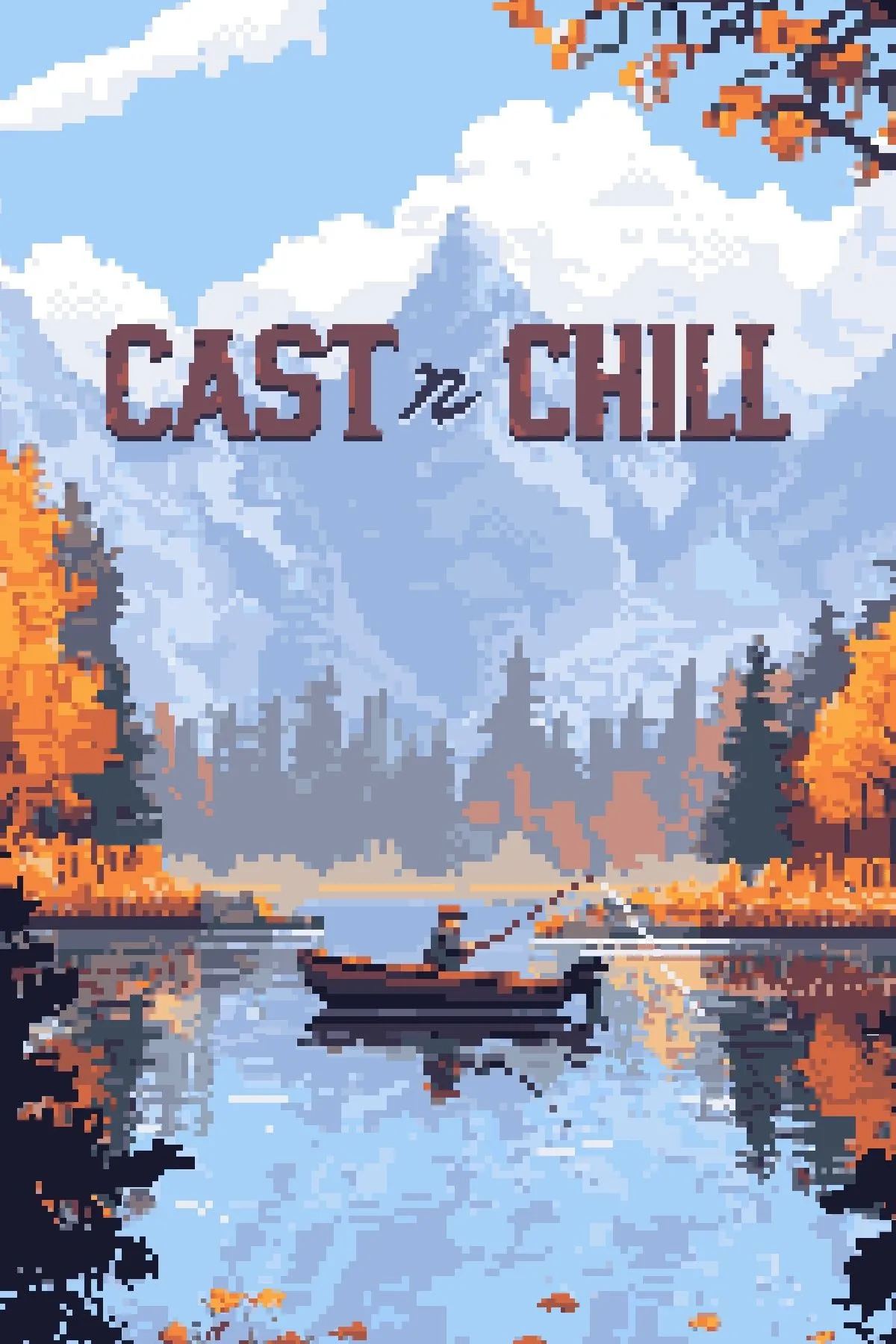 Giao diện chính game Cast n Chill, hiển thị một người câu cá và thú cưng trên thuyền nhỏ trong phong cách pixel art.