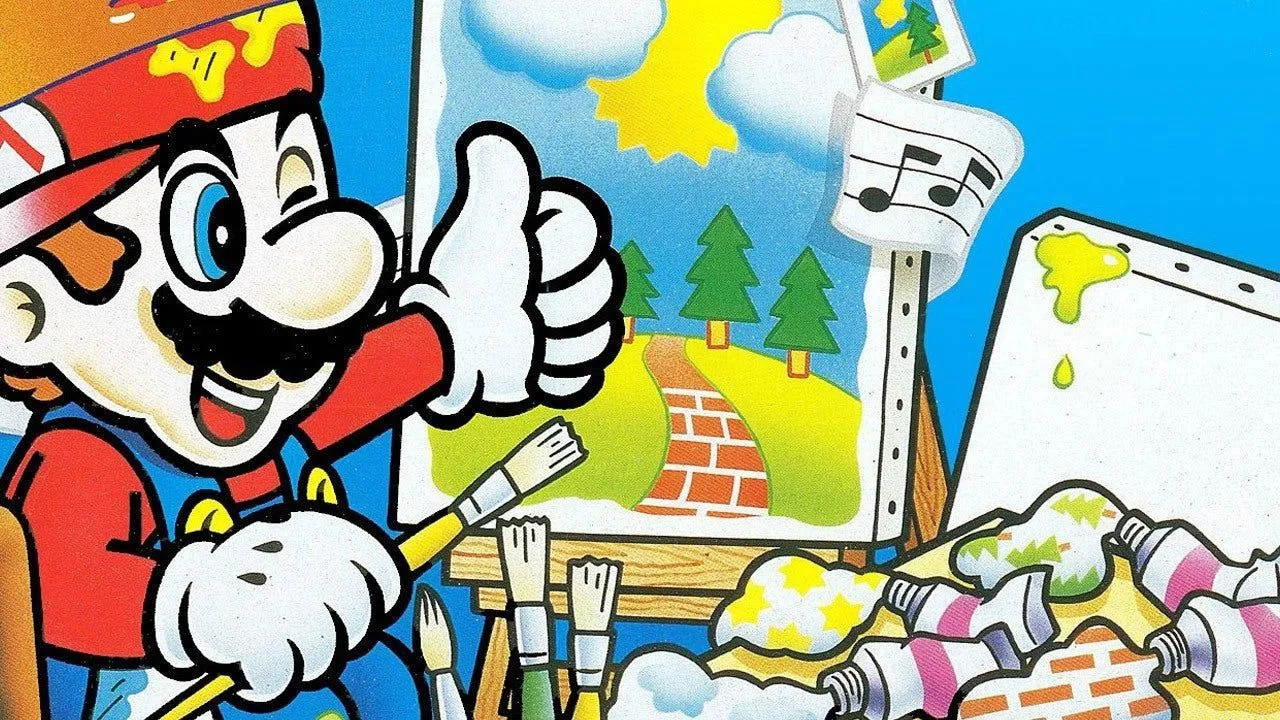 Giao diện chính game Mario Paint cổ điển, thể hiện tiềm năng sáng tạo trên Nintendo Switch 2 với điều khiển chuột Joy-Con.