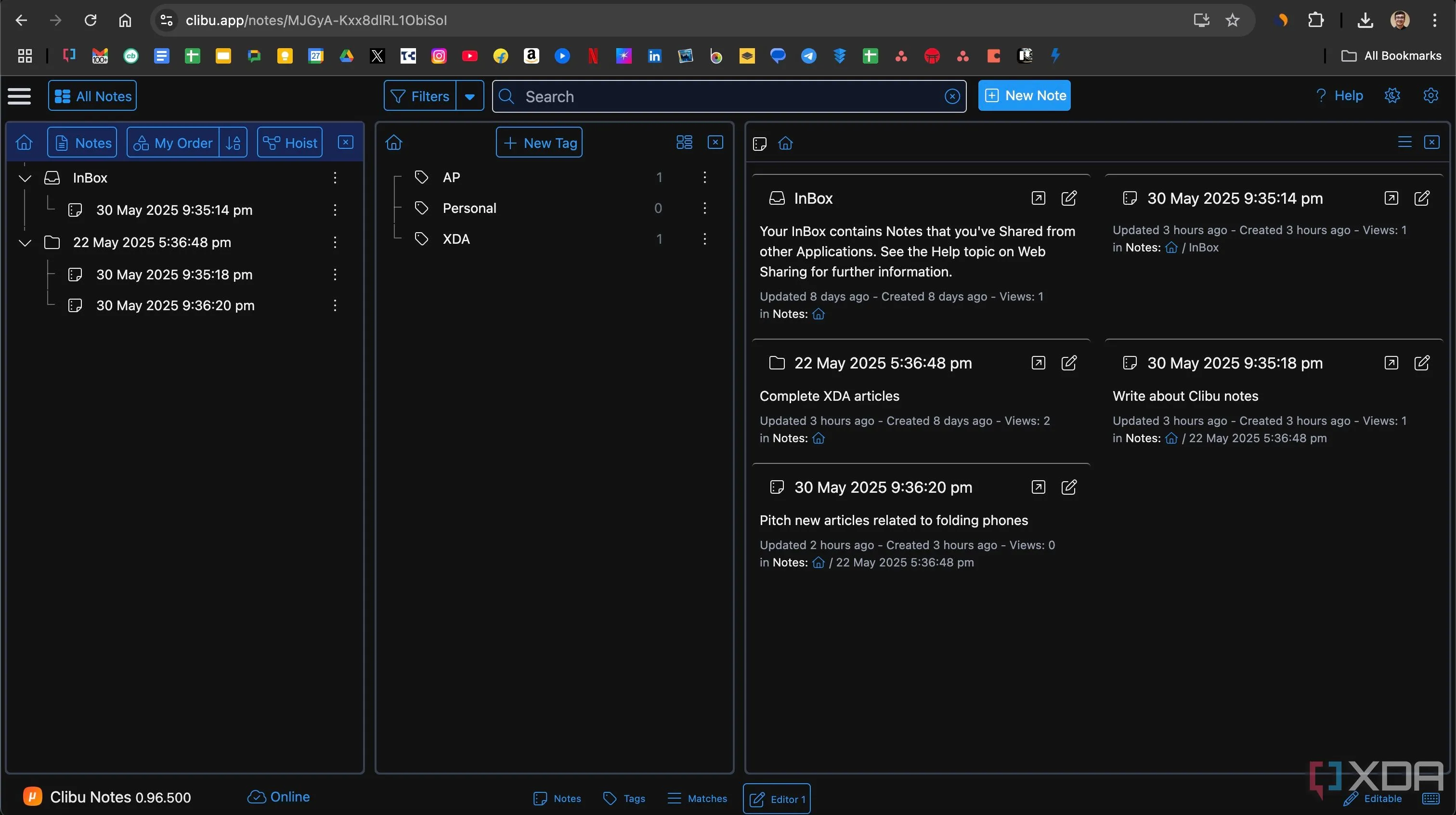 Giao diện dạng lưới (grid view) hiển thị các ghi chú trong Clibu Notes