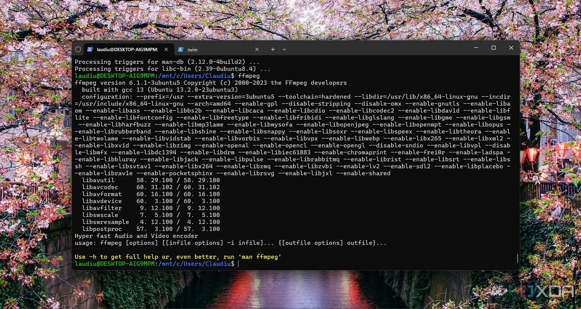 Giao diện dòng lệnh Windows Subsystem for Linux (WSL) đang chạy công cụ ffmpeg trên Windows 11, minh họa khả năng sử dụng Linux trong Windows