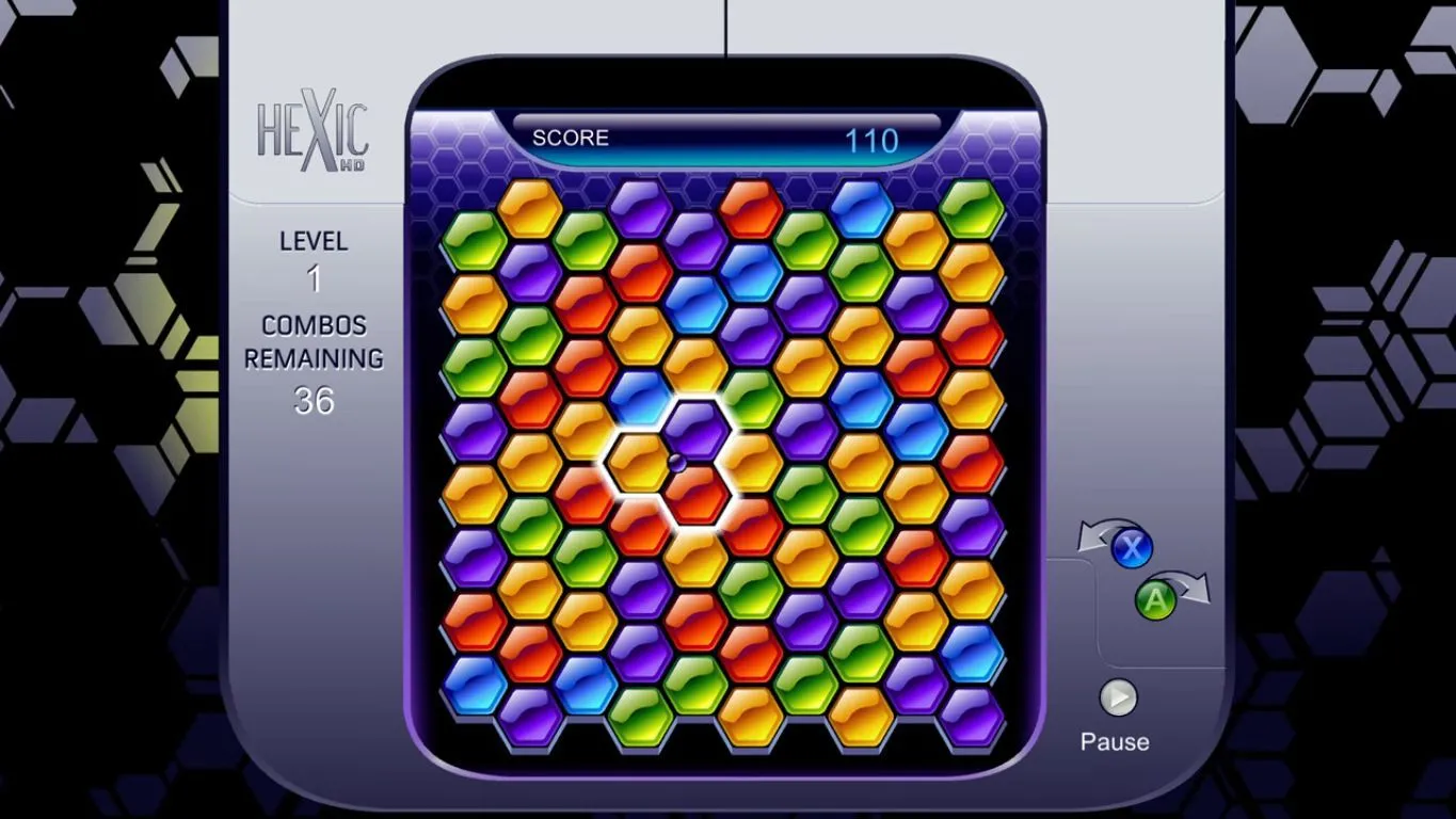 Giao diện game giải đố Hexic HD với các khối lục giác nhiều màu sắc