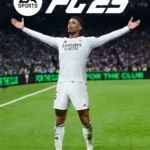 Giao diện gameplay EA Sports FC 25 với cầu thủ bóng đá đang ăn mừng, thể hiện đồ họa chân thực của tựa game.